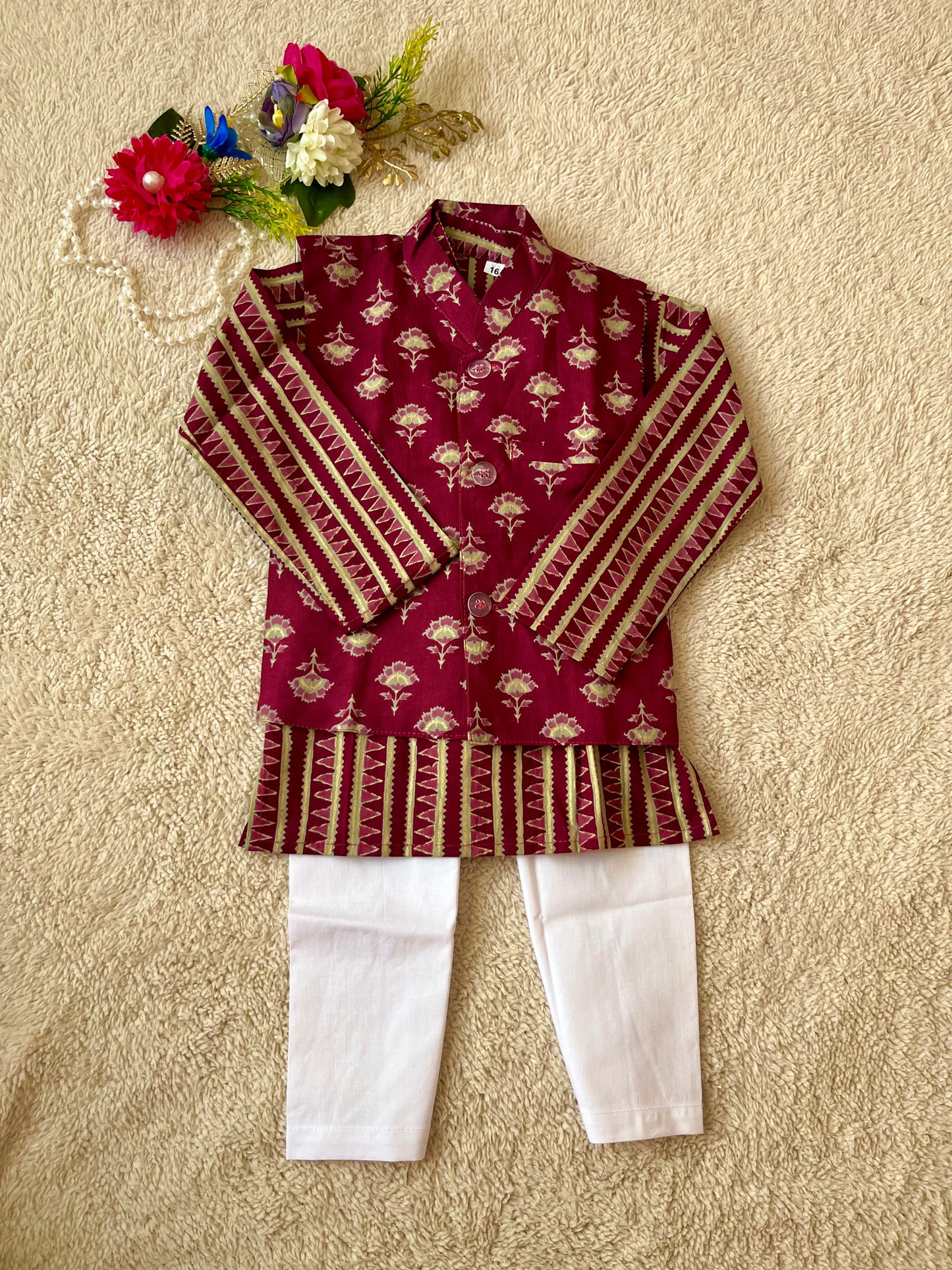 Plum Foil print Jacket with Kurta Pyjama