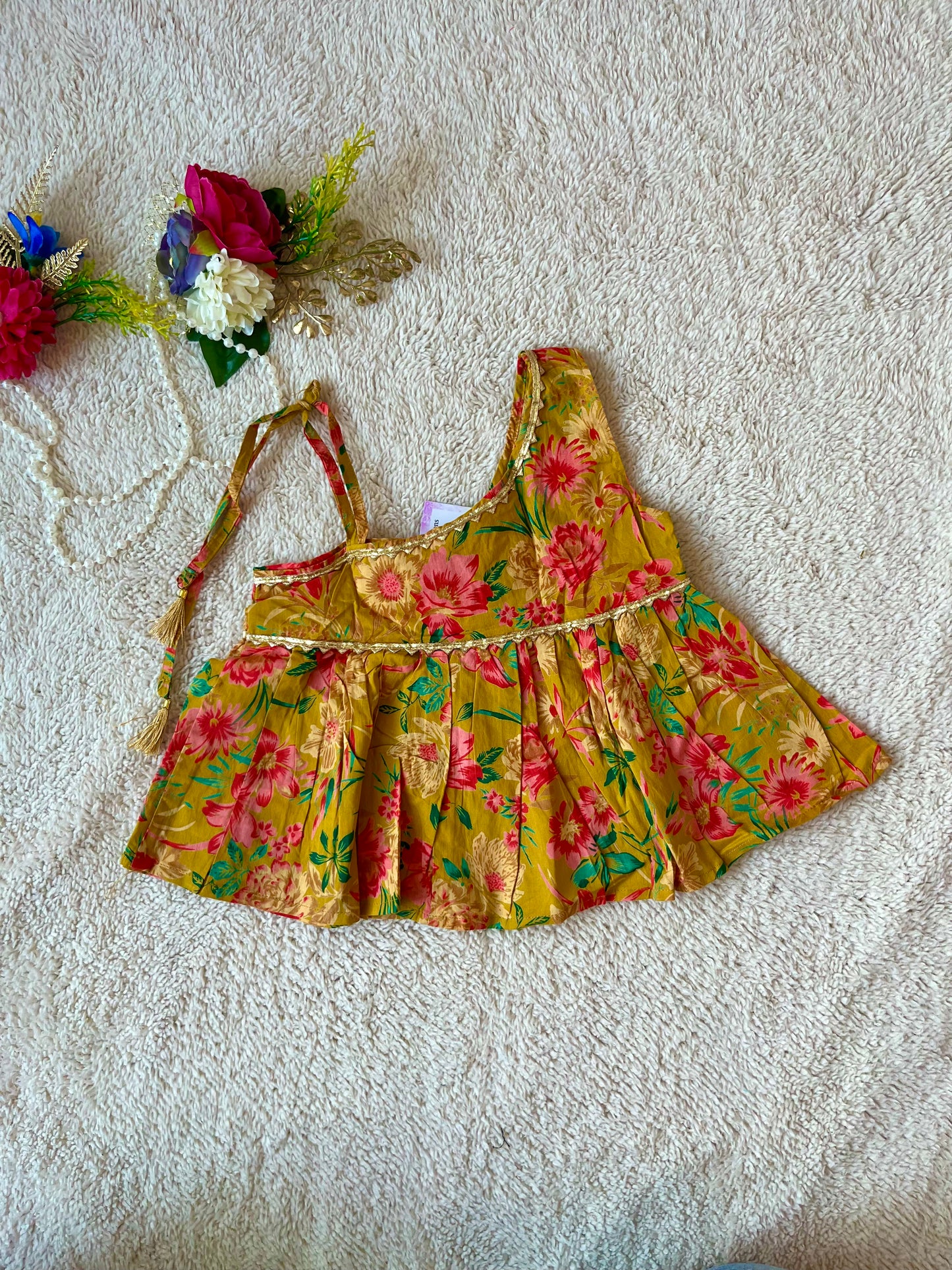 Mustard Floral Printed Top and Dhoti Style Tulip Pant