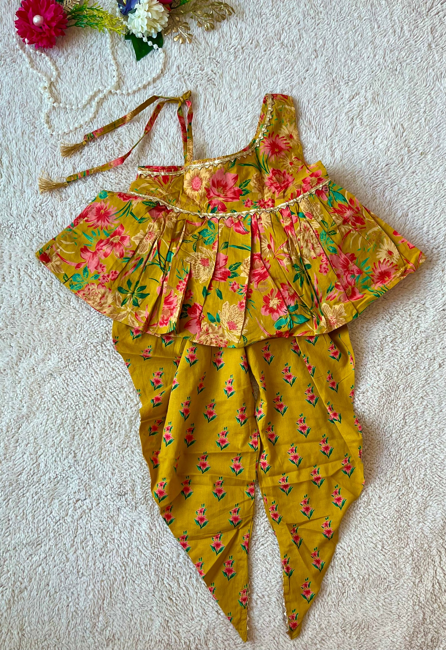 Mustard Floral Printed Top and Dhoti Style Tulip Pant
