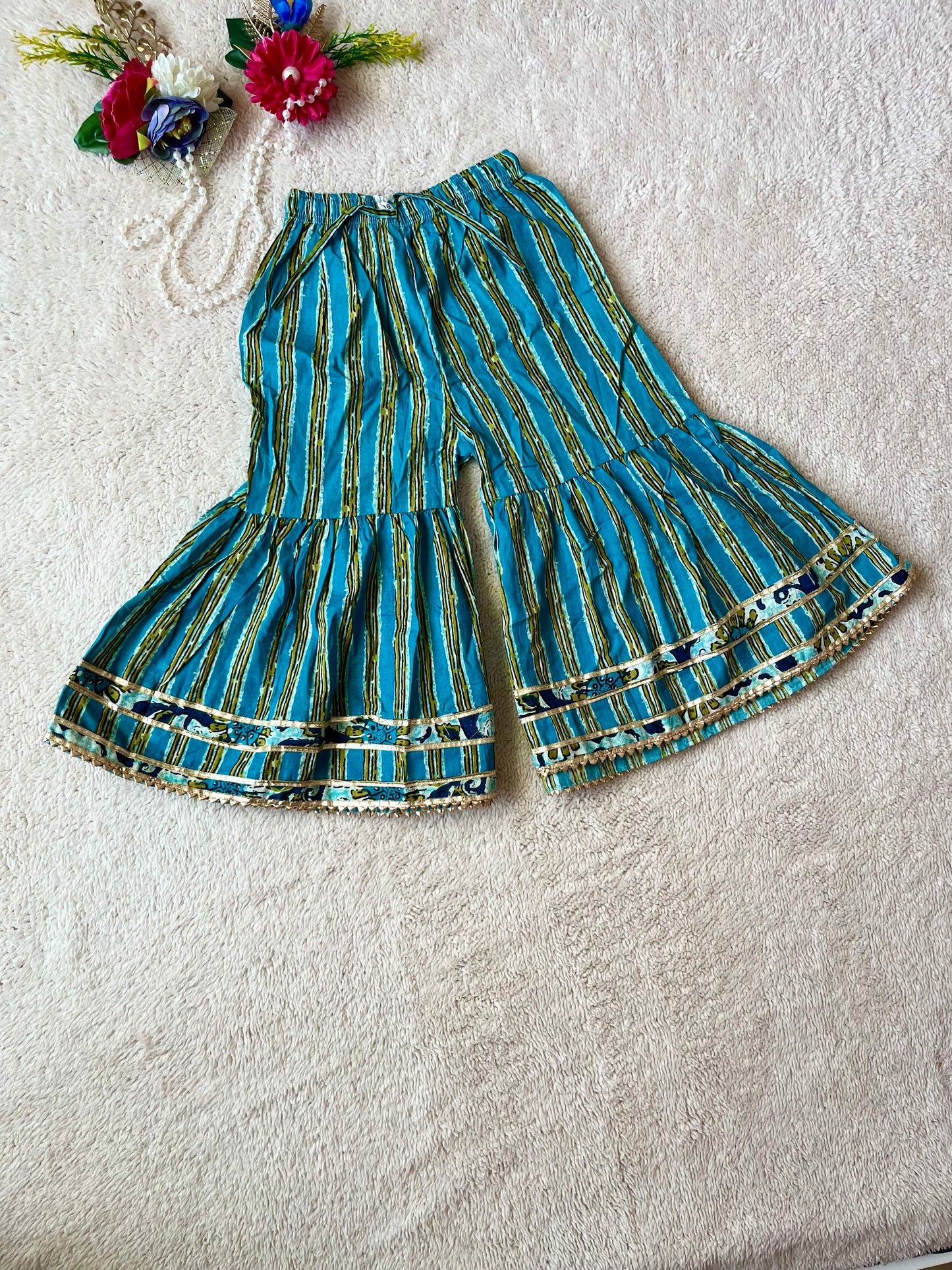 Abstract Print Aqua Green Coloured Front Cut Anarkali Suit with Sharara