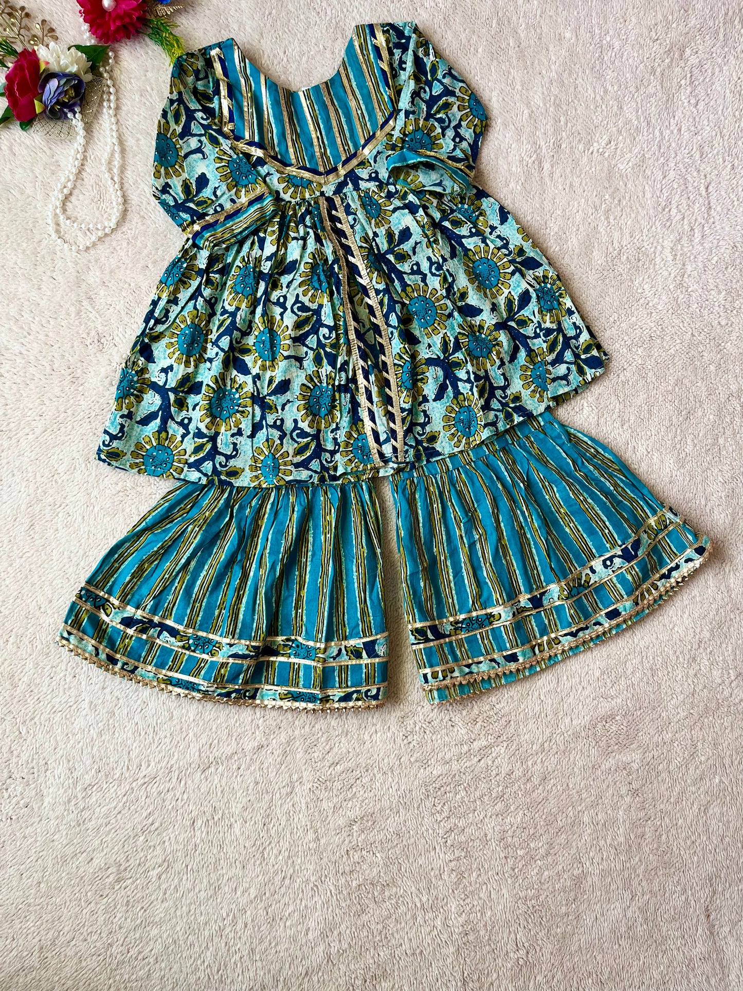 Abstract Print Aqua Green Coloured Front Cut Anarkali Suit with Sharara