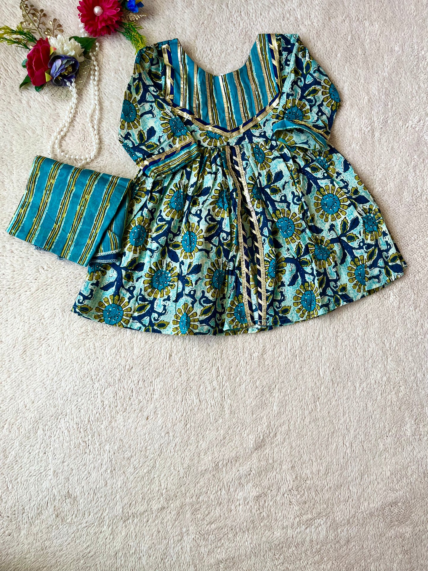 Abstract Print Aqua Green Coloured Front Cut Anarkali Suit with Sharara