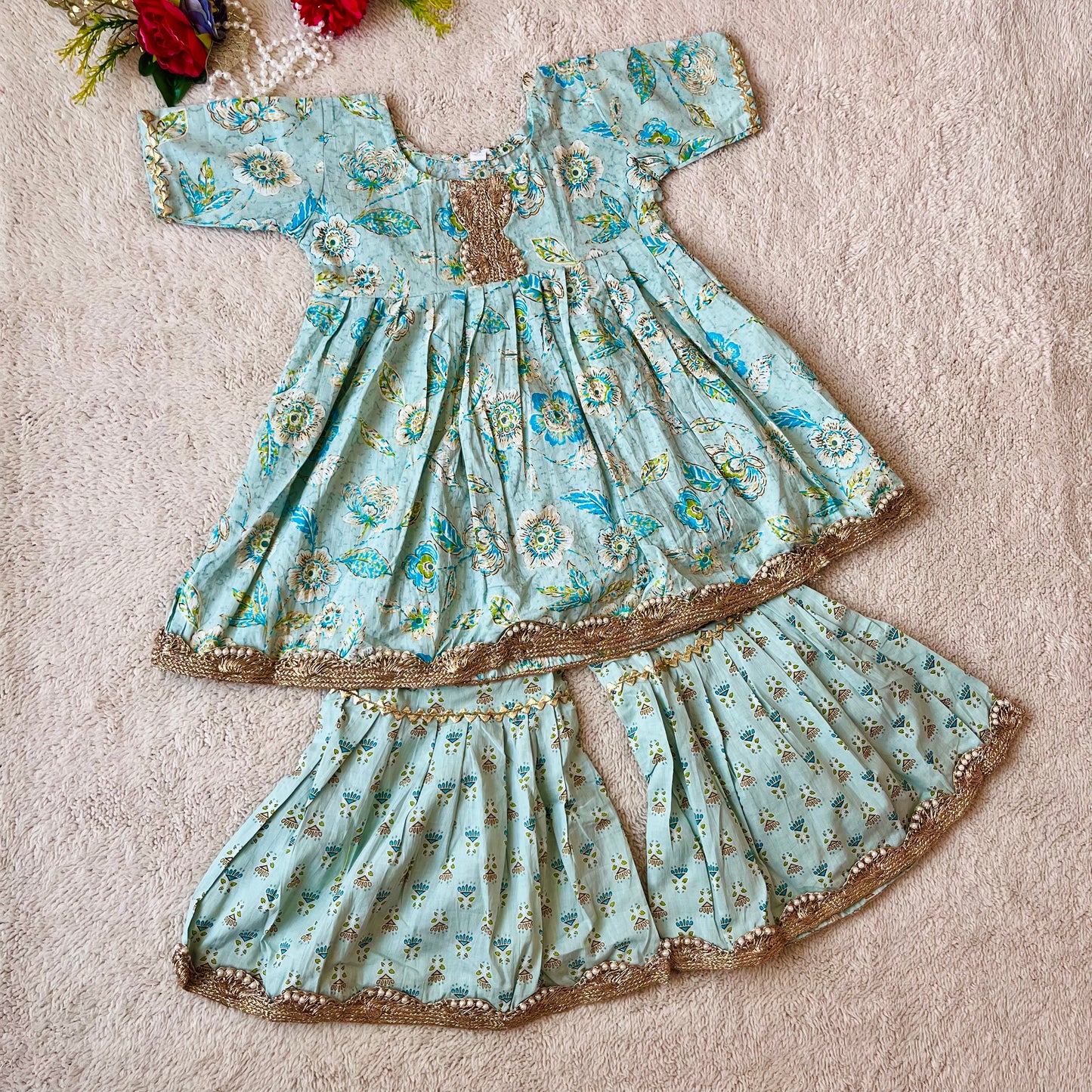 Tea Green Colour floral Print Ankarkali Suit with Sharara