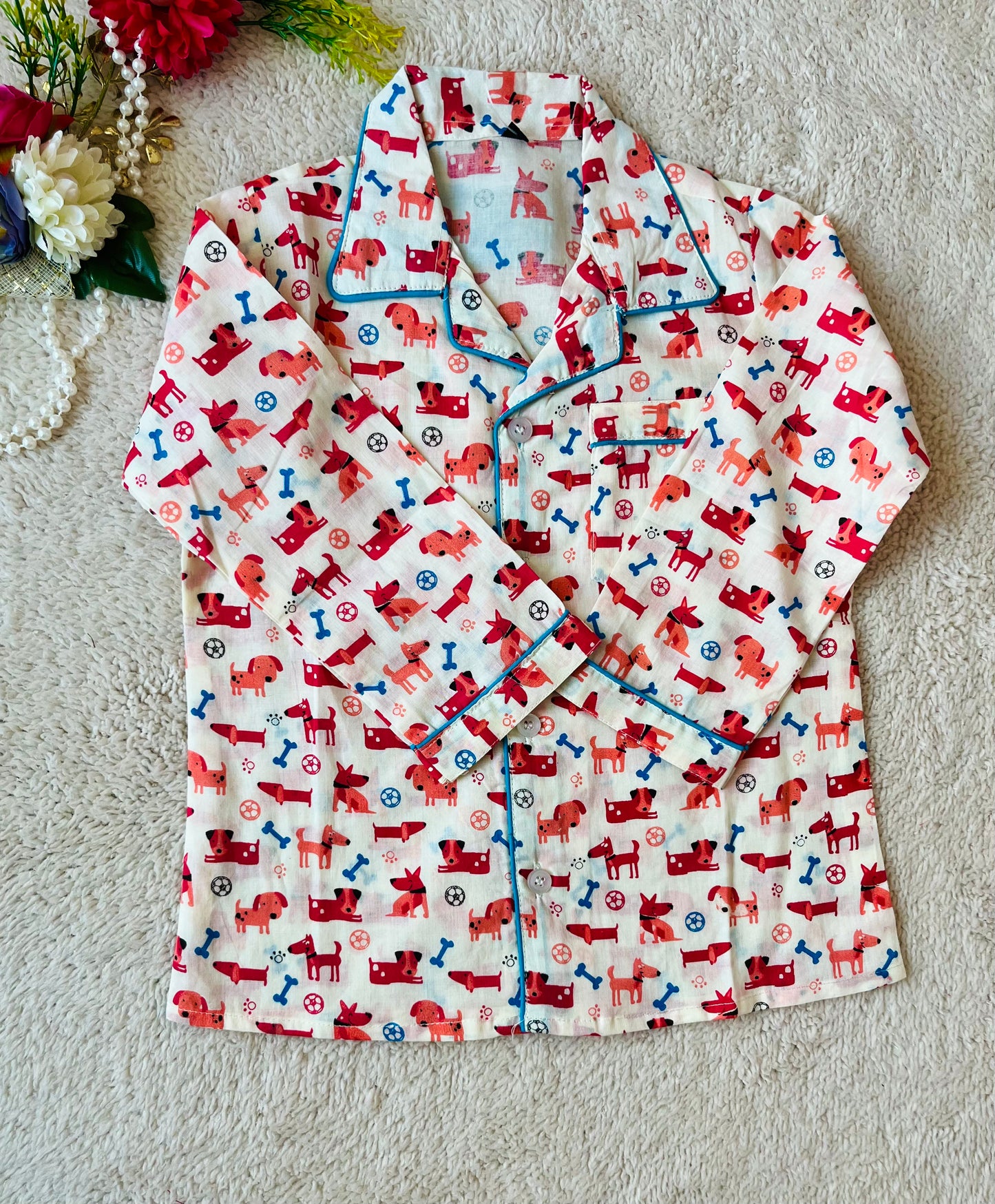 Dog Bone print Red Colour Night suit