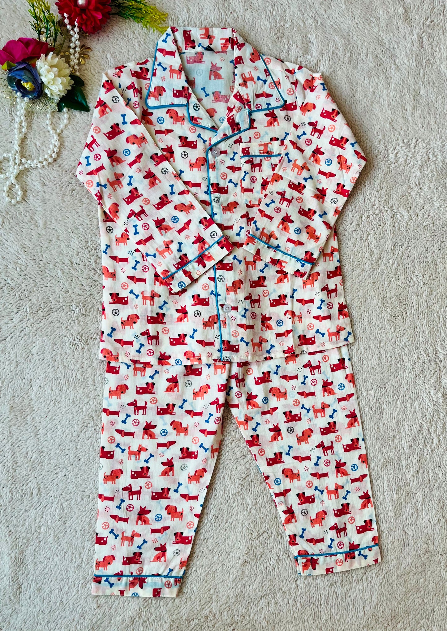 Dog Bone print Red Colour Night suit