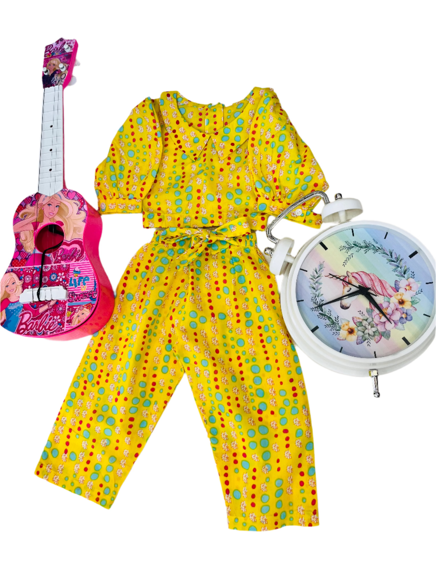Yellow Coloured polka dots Printed Girls Co-Ords