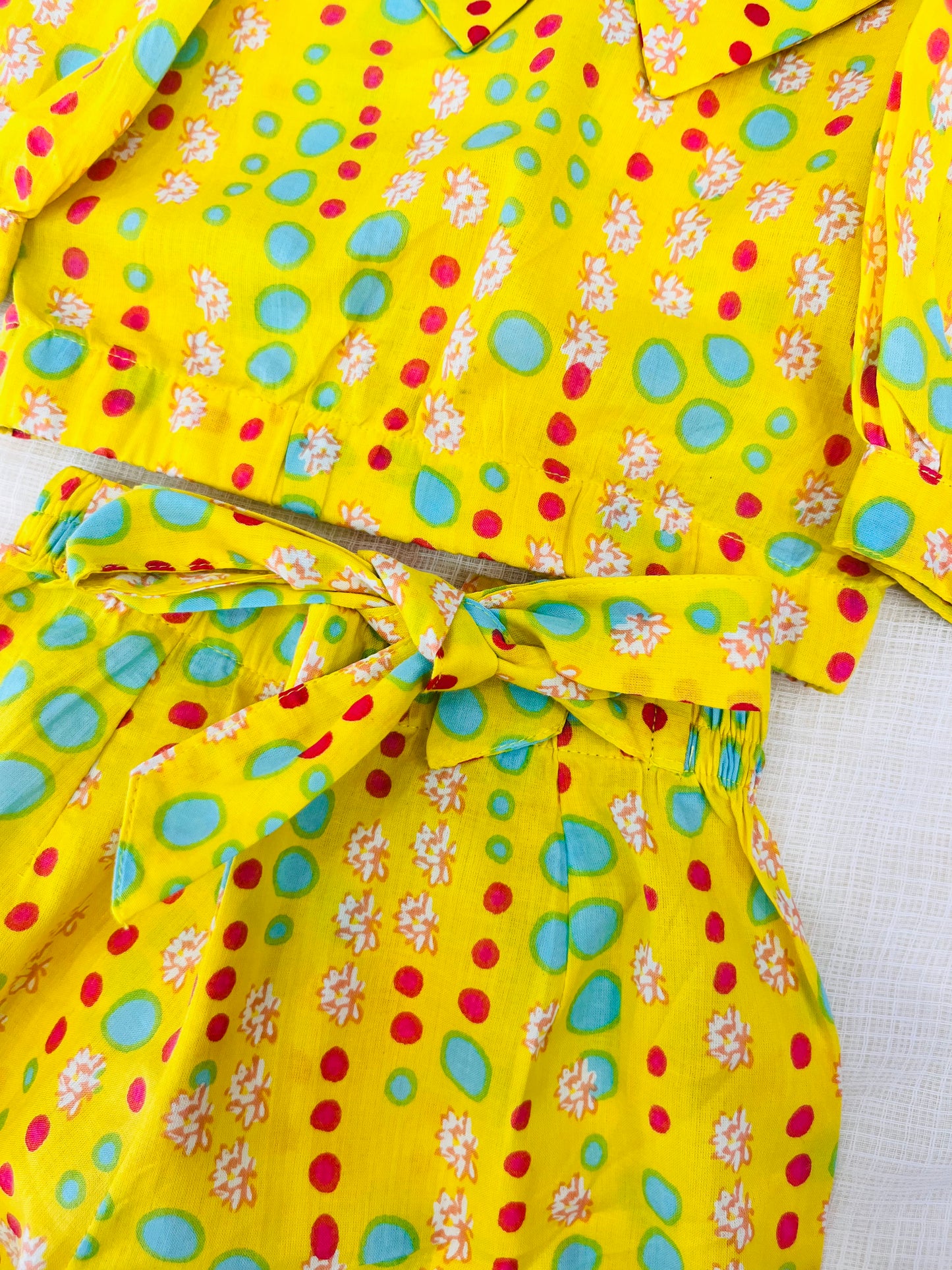 Yellow Coloured polka dots Printed Girls Co-Ords