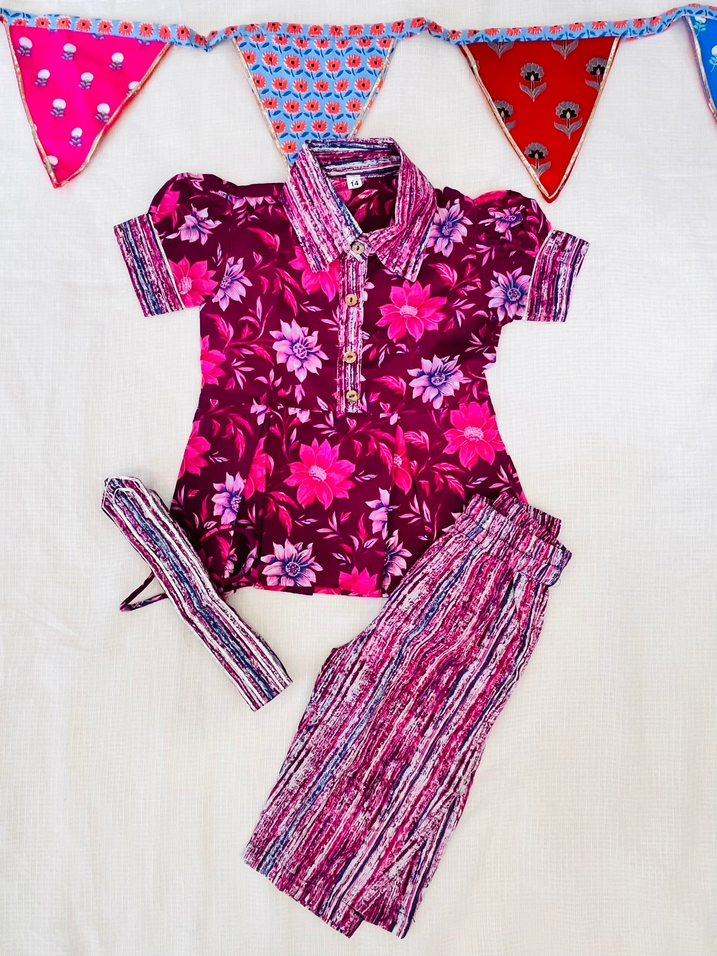 Flower Print Wine Colour Girls Co-Ords
