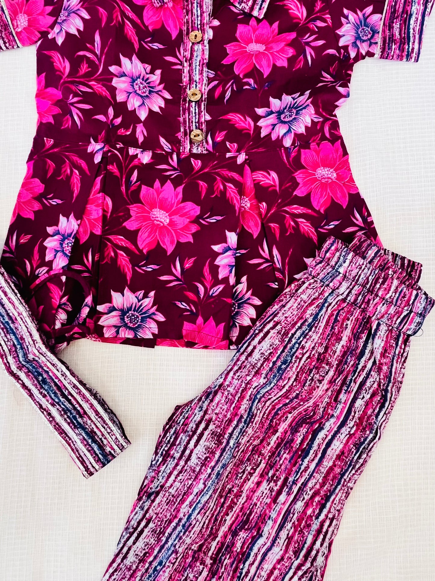 Flower Print Wine Colour Girls Co-Ords