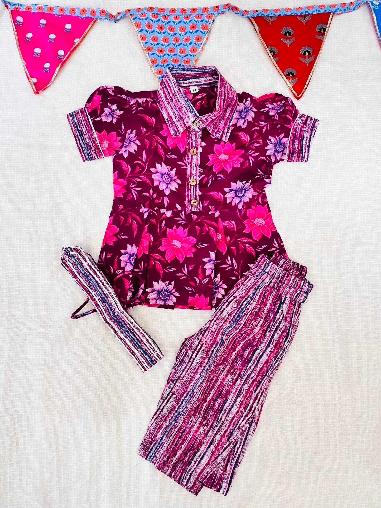 Flower Print Wine Colour Girls Co-Ords