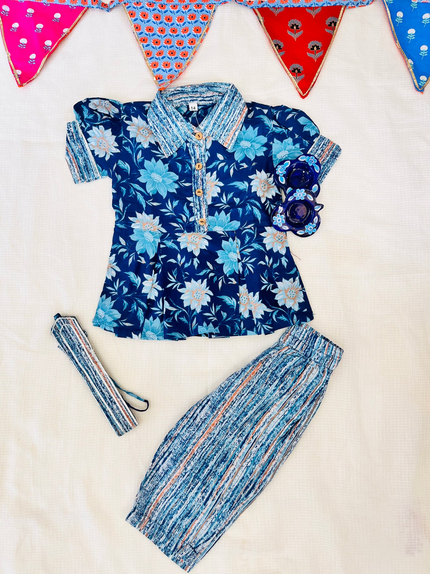Flower Print Blue Colour Girls Co-Ords