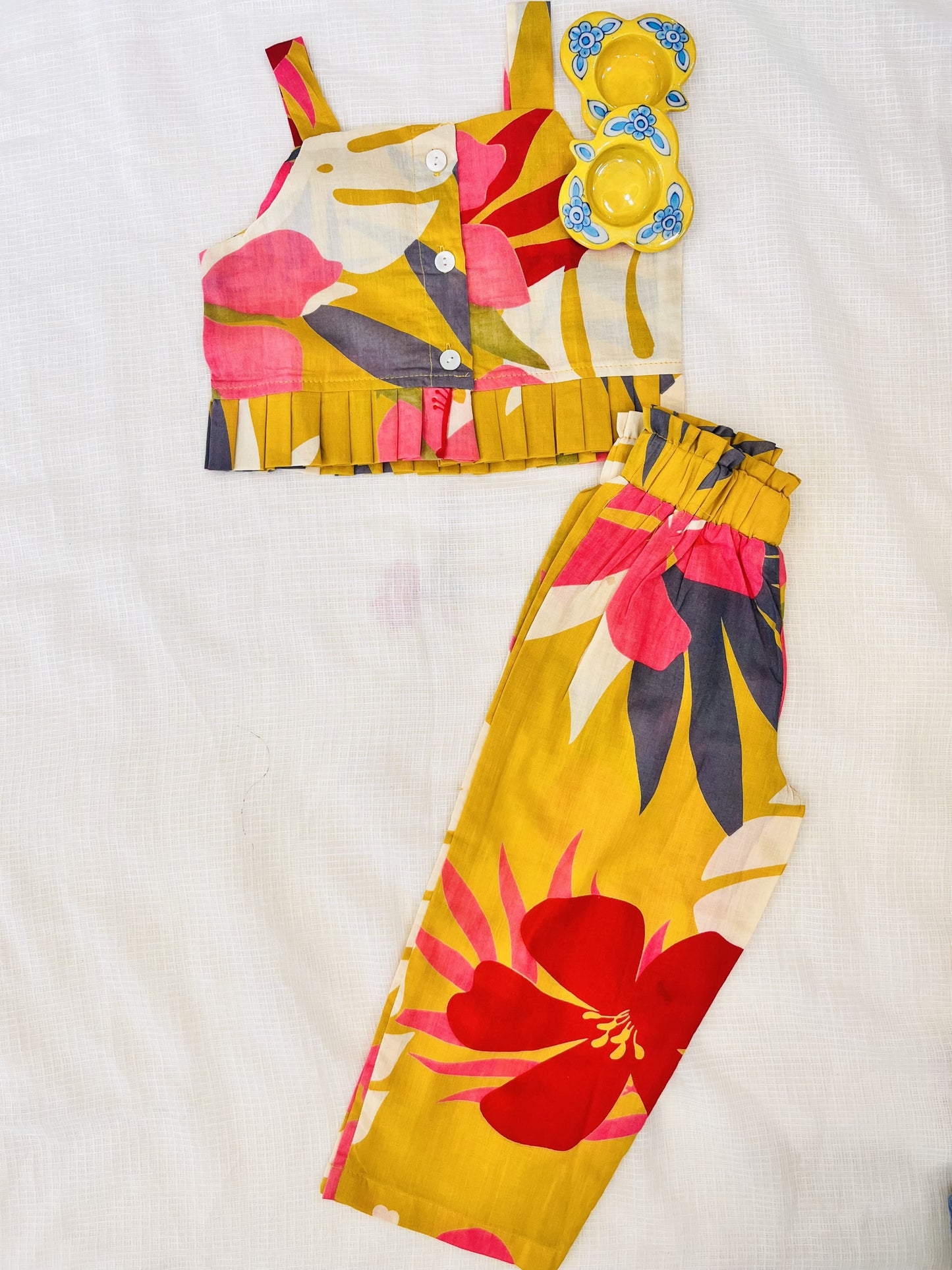 Tropical Flower Print Mustard Colour Girls Co-Ord Set