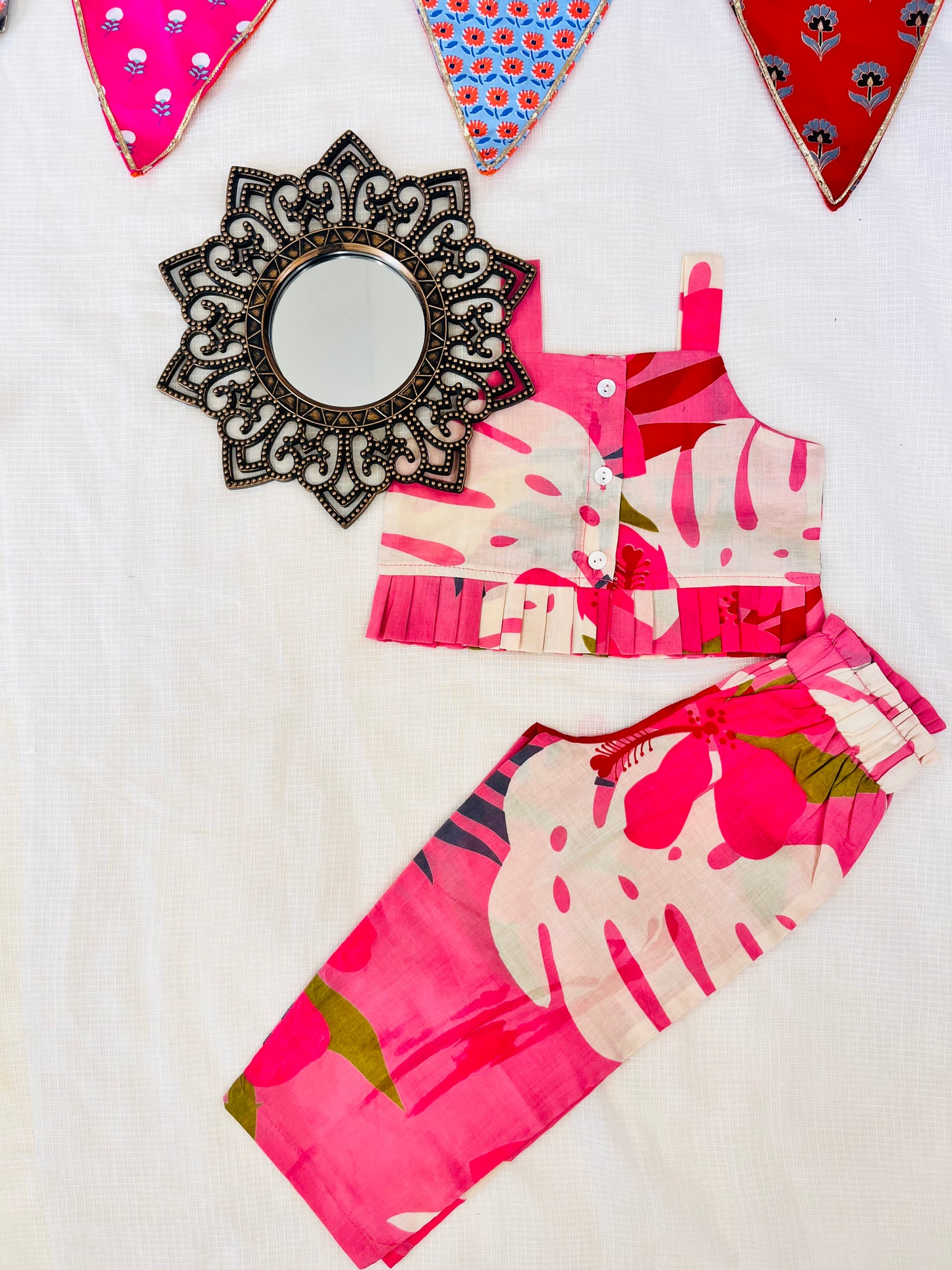 Tropical Flower Print Pink Colour Girls Co-Ord Set