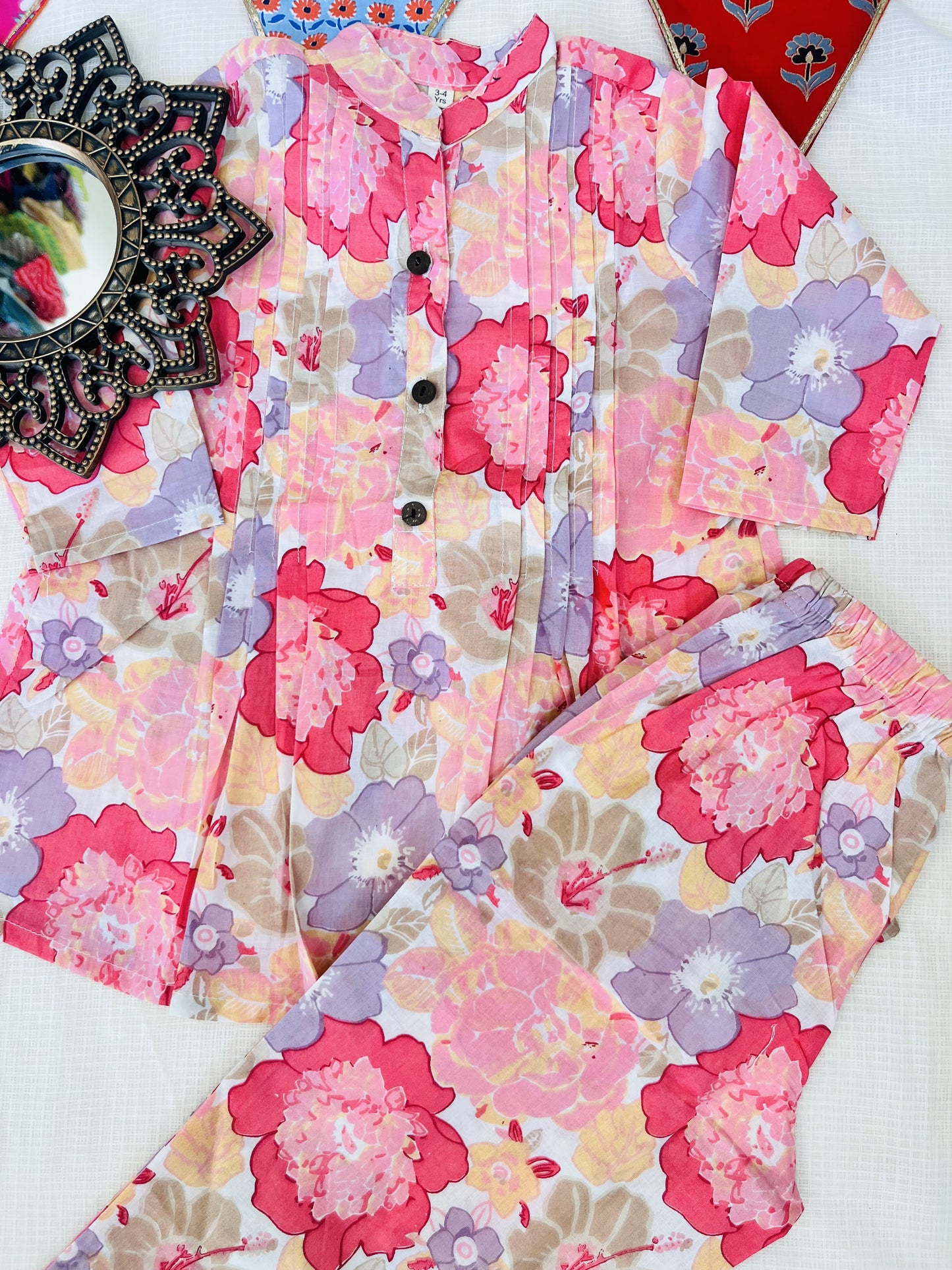 Pink Flower Printed Girls Co-Ord Set