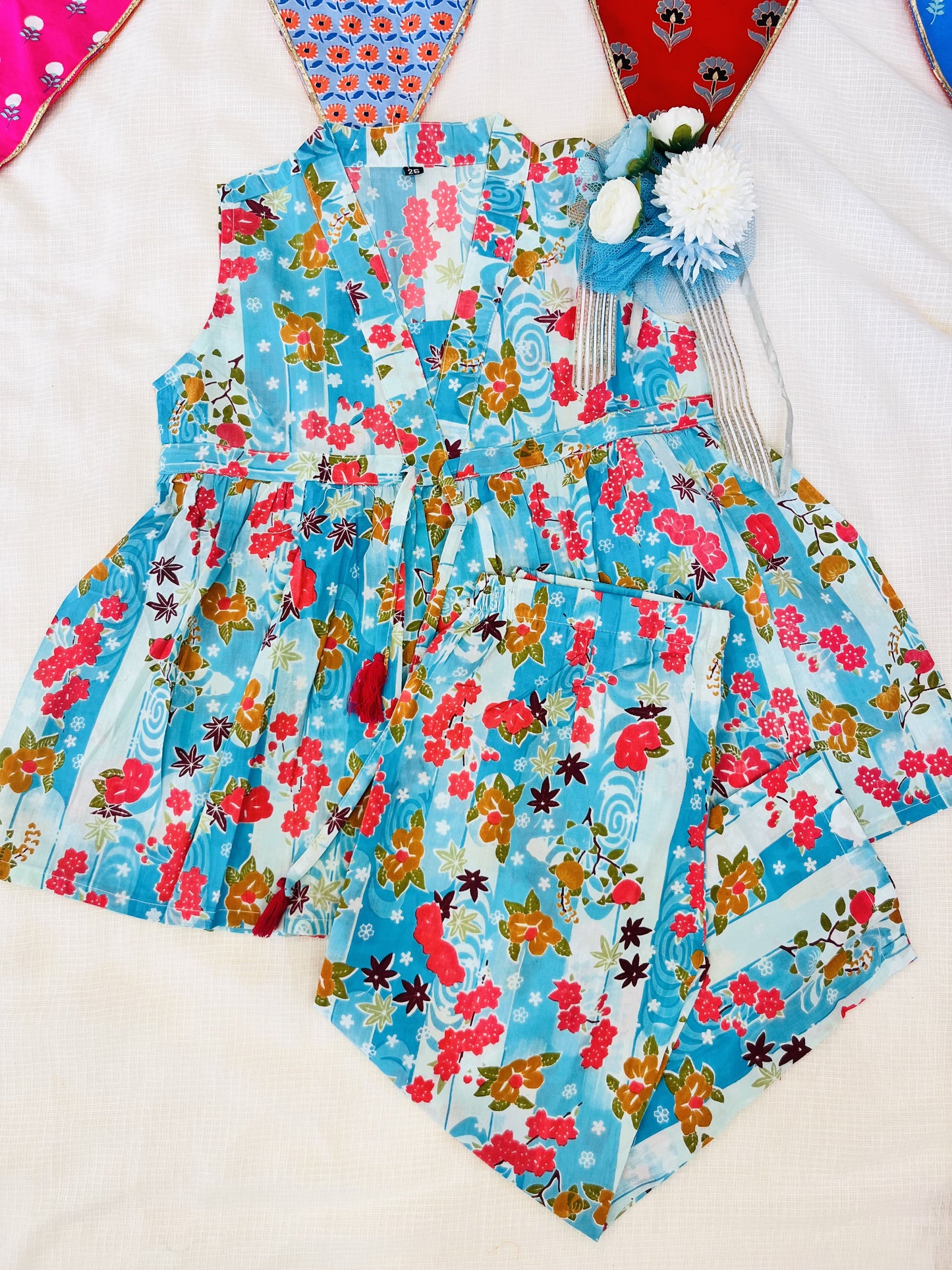Flower Printed Sky Blue Girls Co-Ord Set