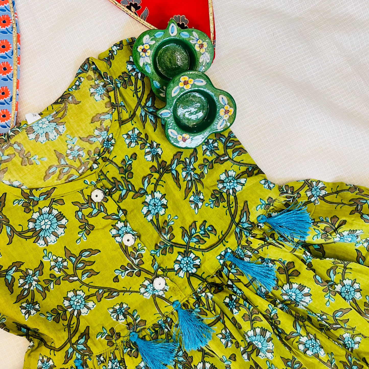 Flower Printed Olive Green Girls Co-Ord Set