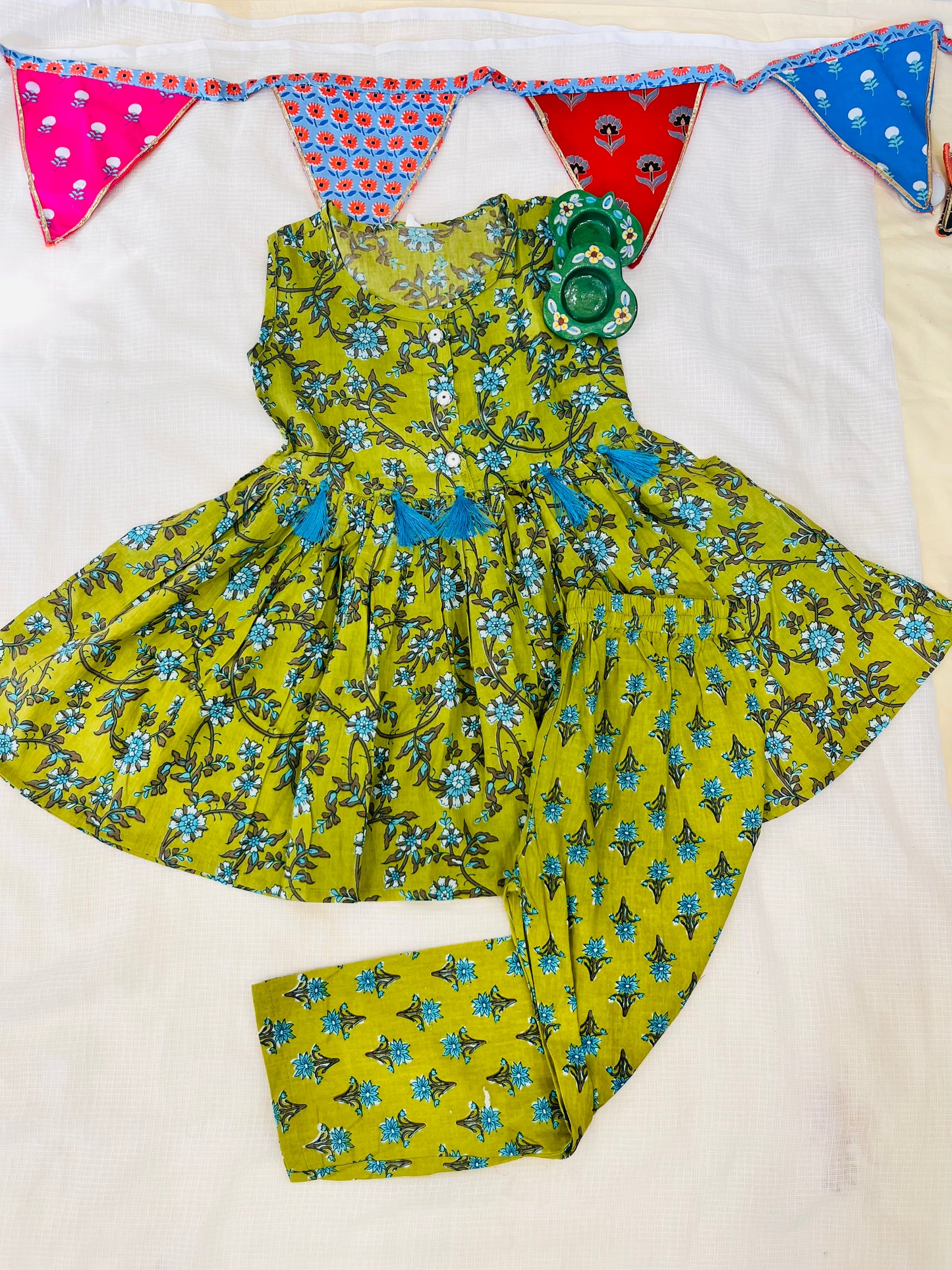 Flower Printed Olive Green Girls Co-Ord Set