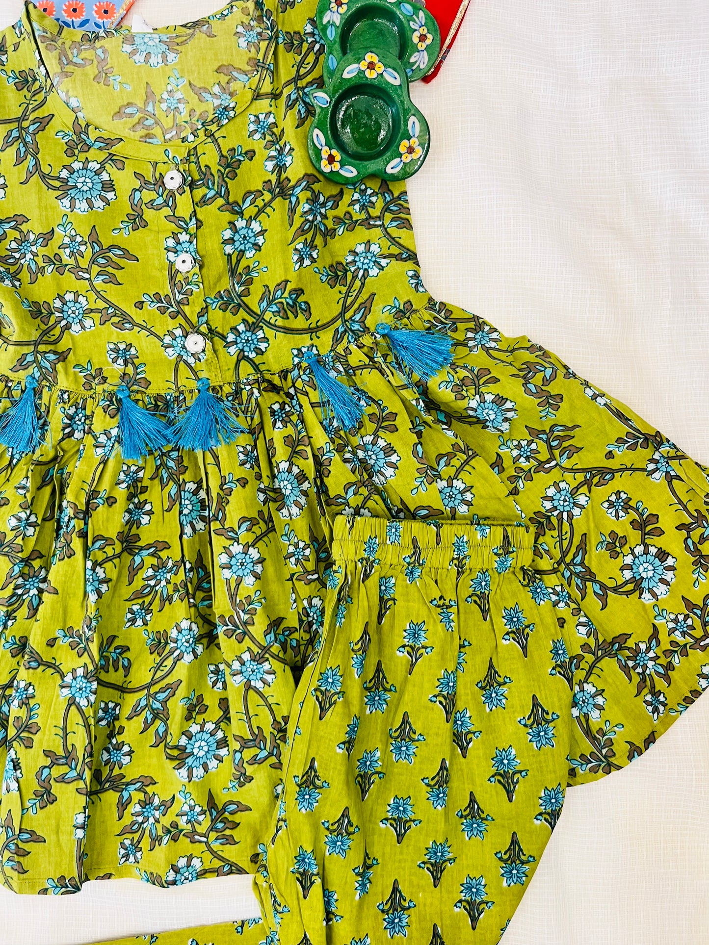 Flower Printed Olive Green Girls Co-Ord Set