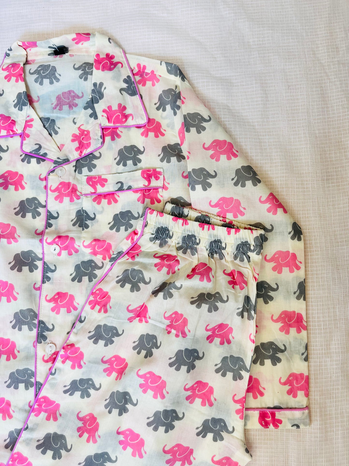 Elephant Print Pink & Grey Color Night suit