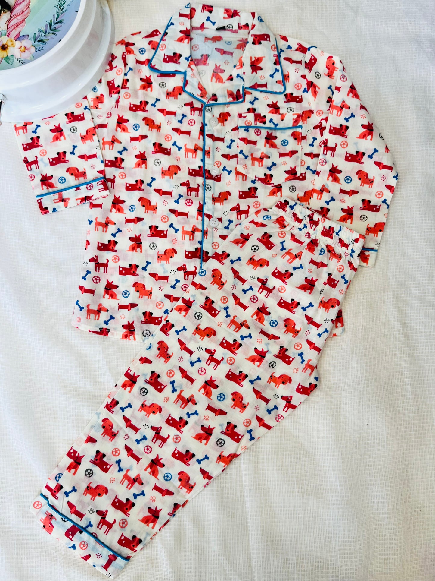 Dog Bone print Red Colour Night suit