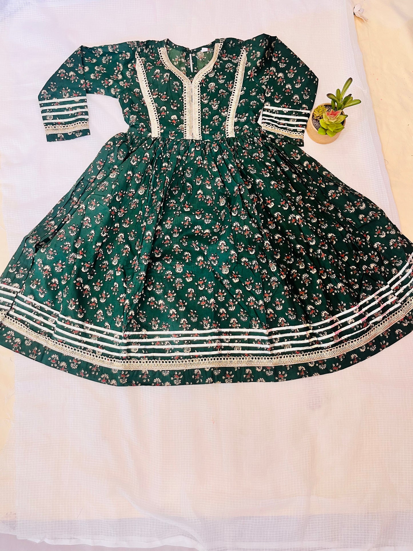 Green Block Printed Cotton Gown For girls