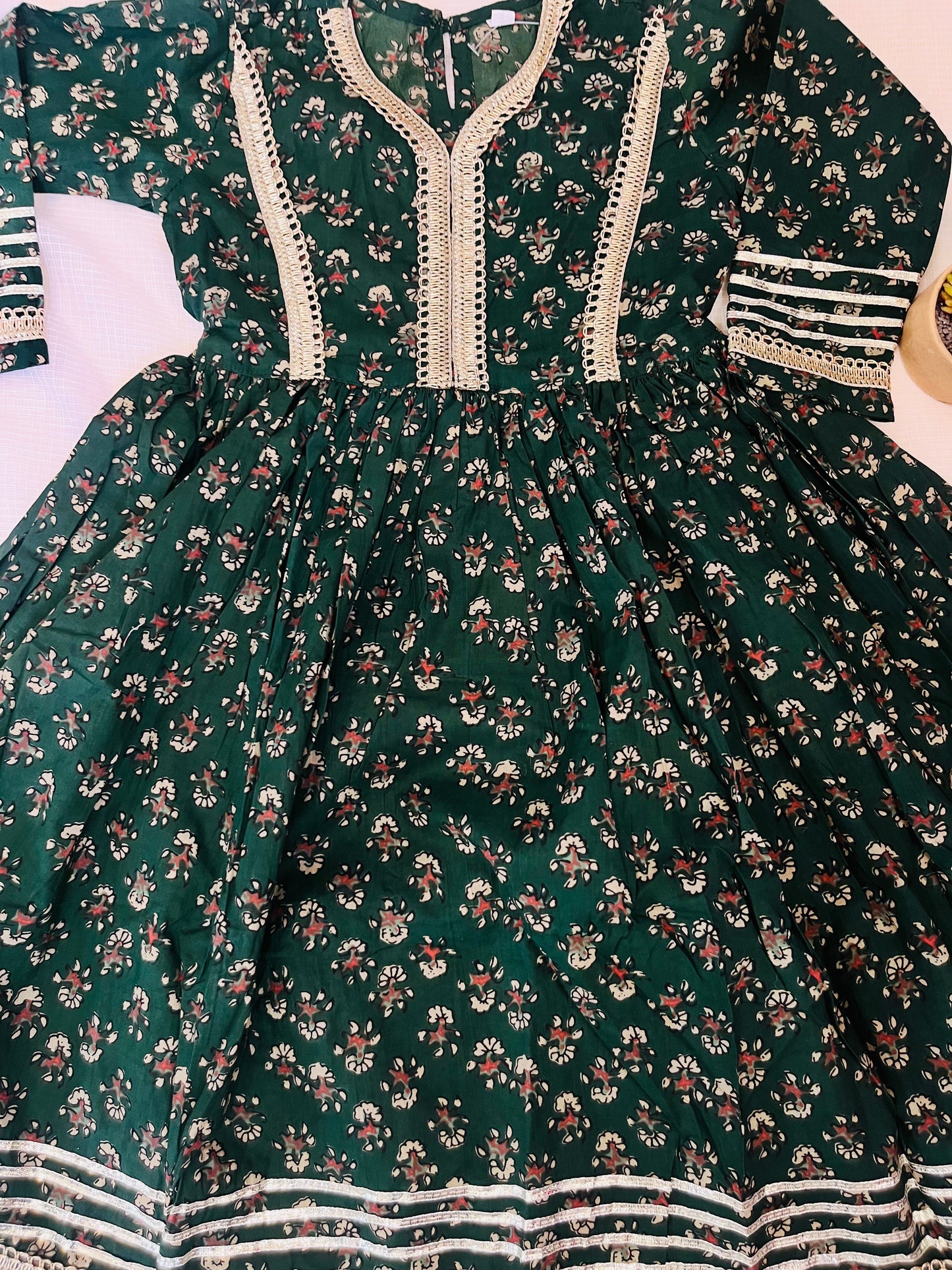 Green Block Printed Cotton Gown For girls