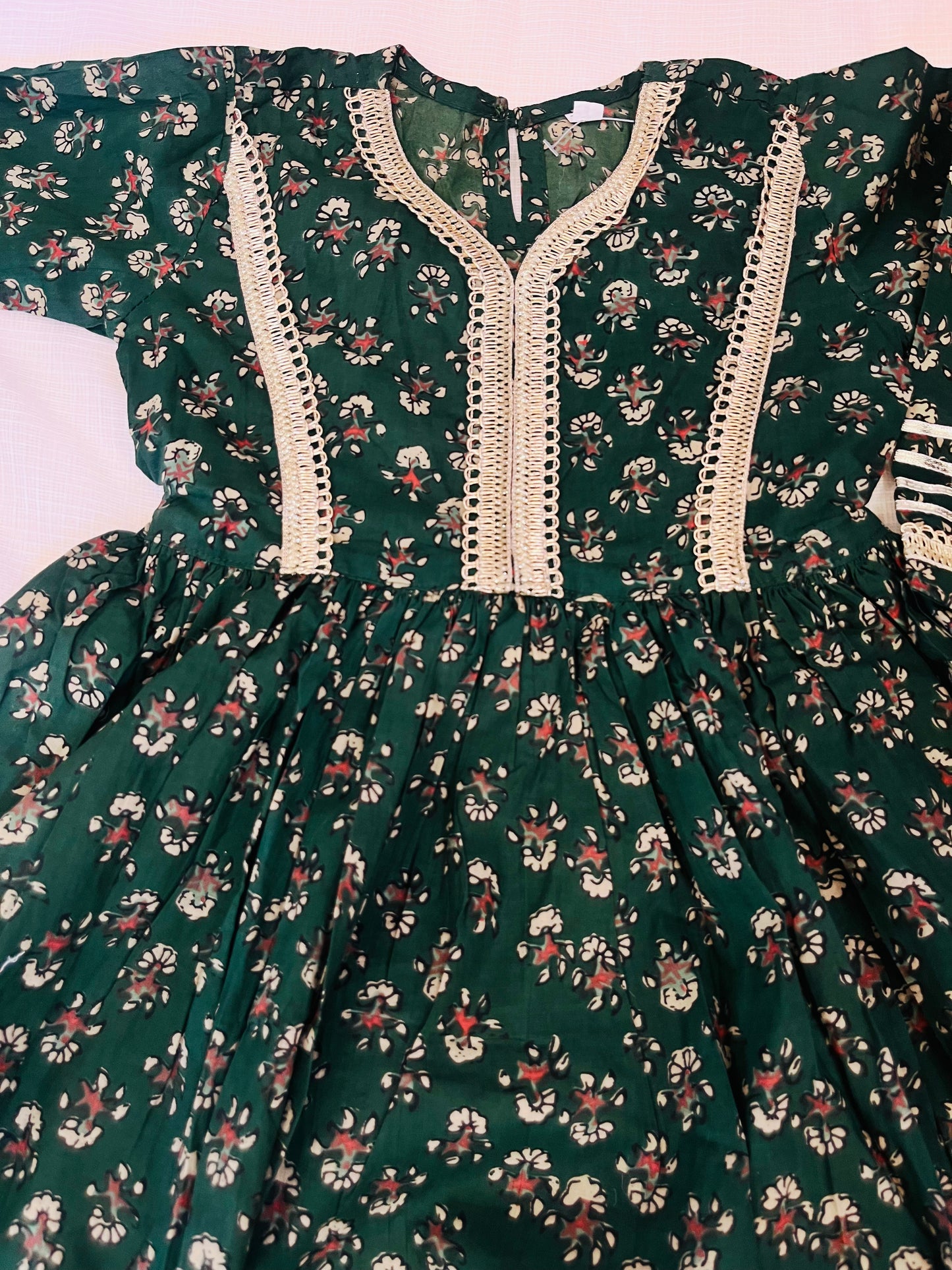 Green Block Printed Cotton Gown For girls
