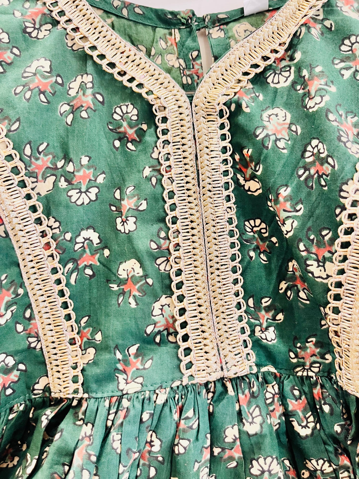 Green Block Printed Cotton Gown For girls
