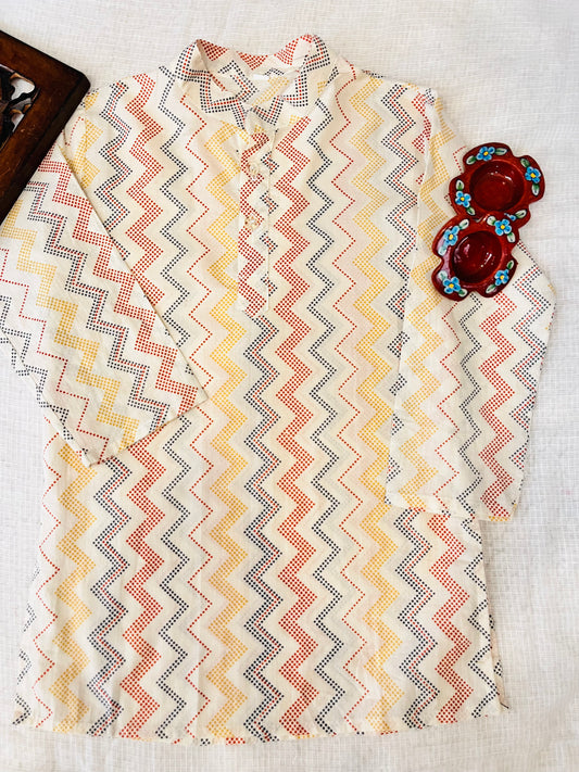 Ikkat Cream print Jacket with Kurta -Pyjama