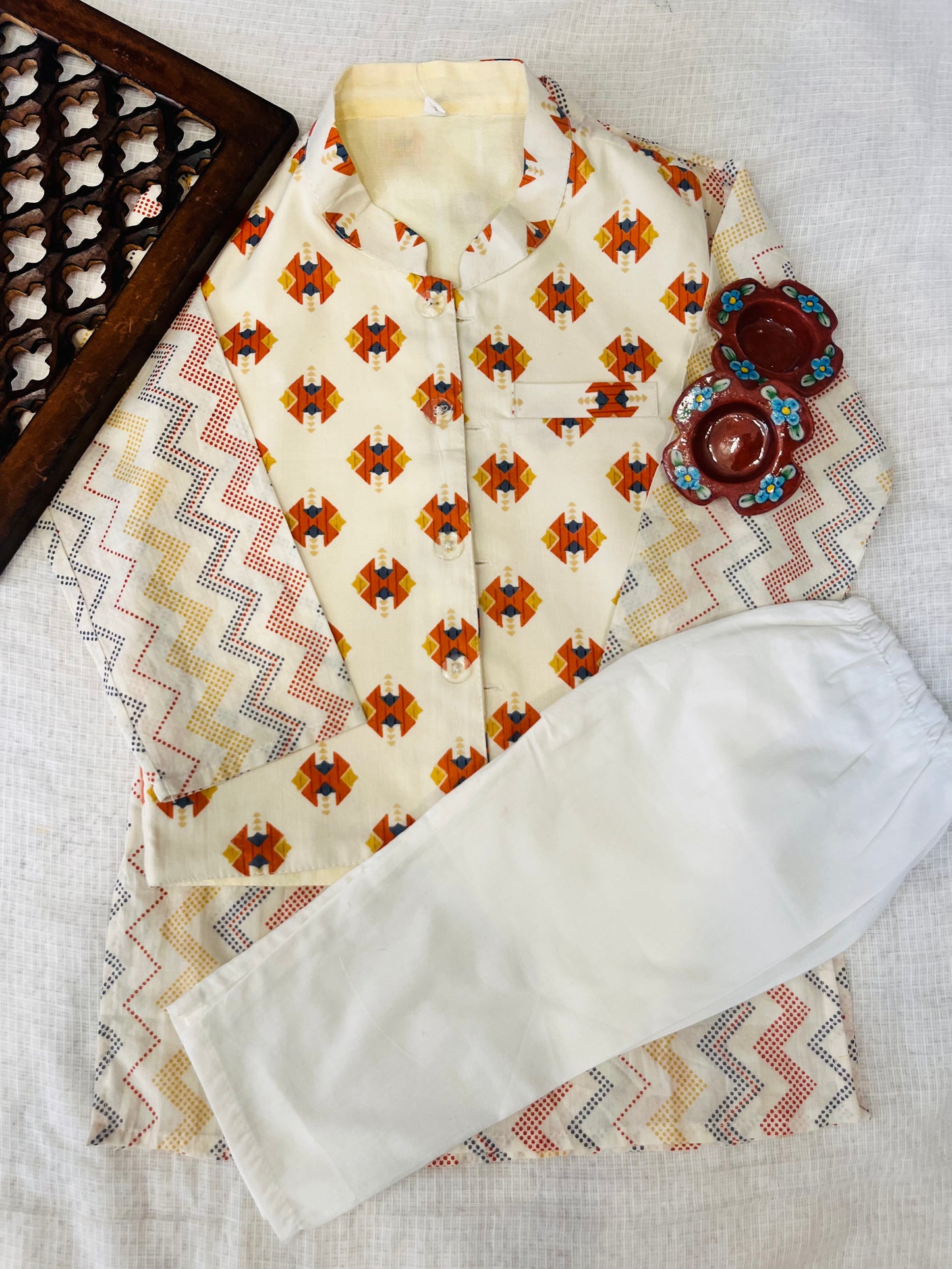 Ikkat Cream print Jacket with Kurta -Pyjama
