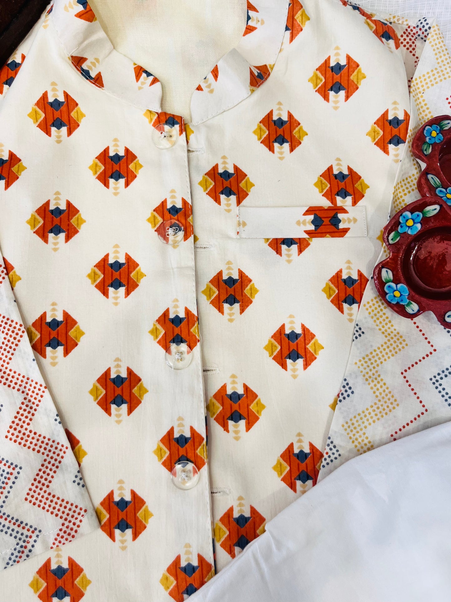 Ikkat Cream print Jacket with Kurta -Pyjama