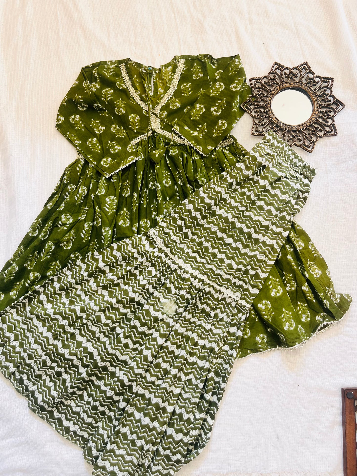Block Printed Heena Green Coloured Anakari Suit with Sharara