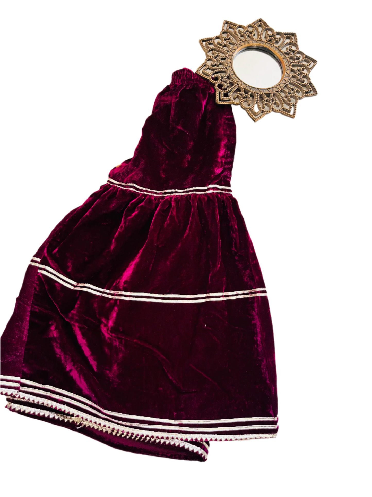 Wine Coloured Mirror-Embroidery Velvet Kurti With Sharara