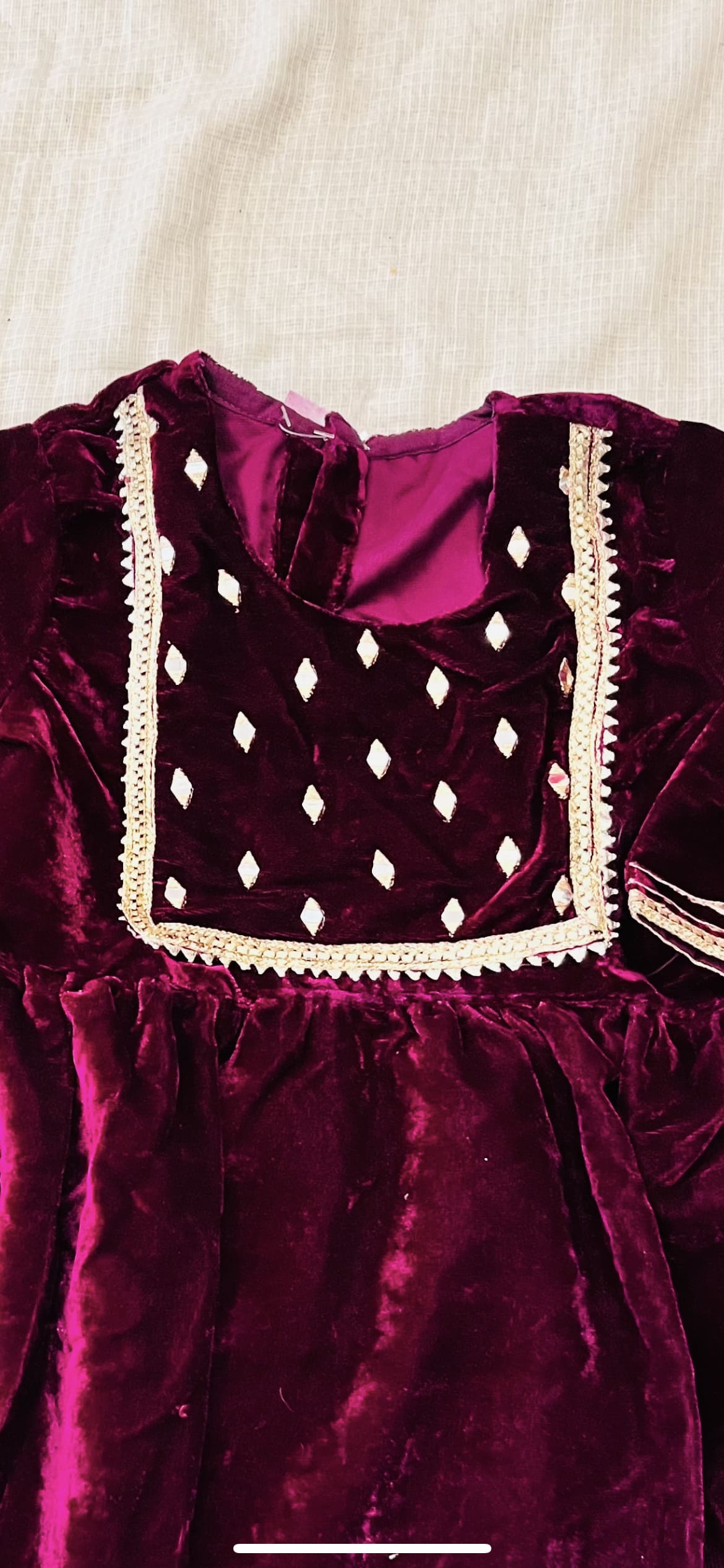 Wine Coloured Mirror-Embroidery Velvet Kurti With Sharara