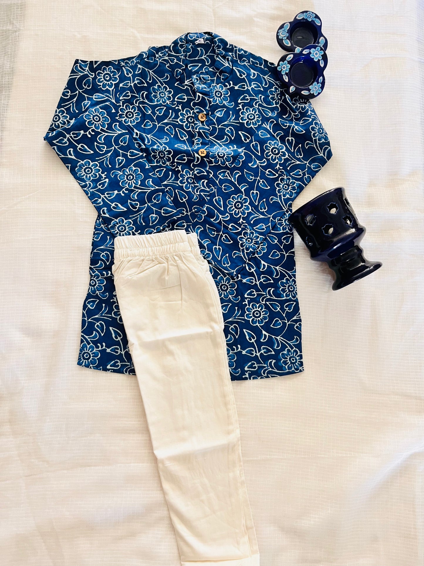 Indigo blue discharge printed Kurta -Pyjama