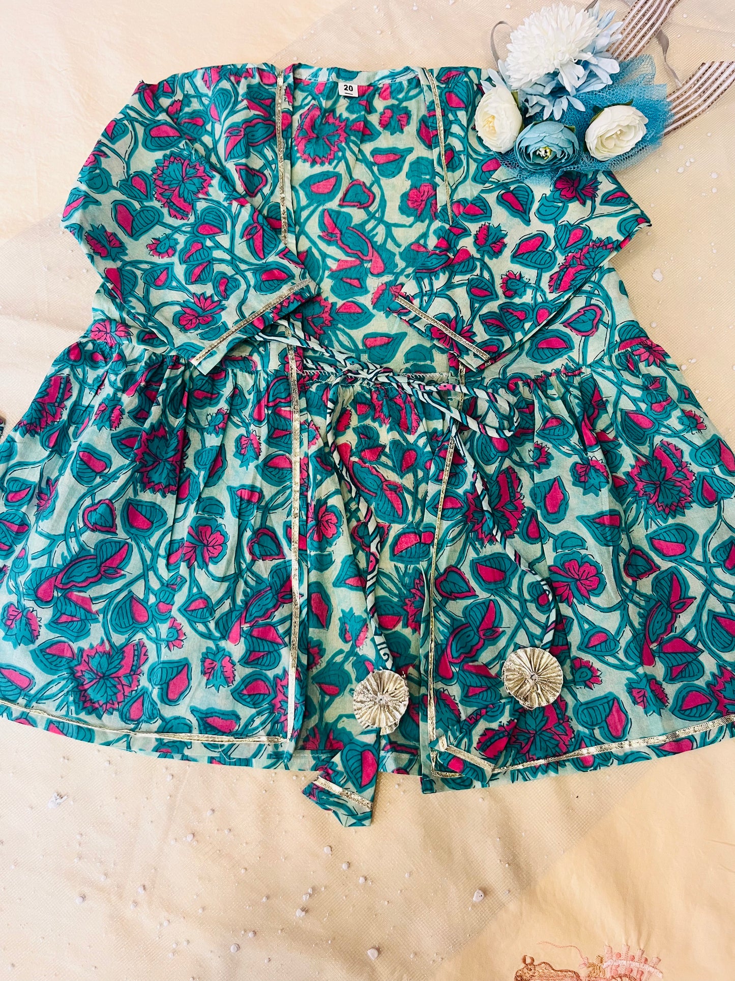 Sea Green Floral Printed 3 Piece Co-Ords For Girls