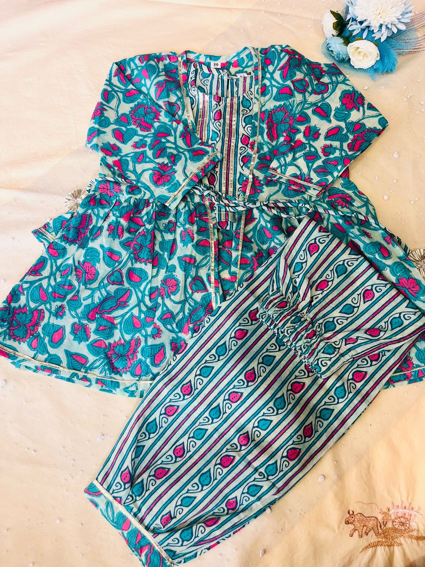 Sea Green Floral Printed 3 Piece Co-Ords For Girls