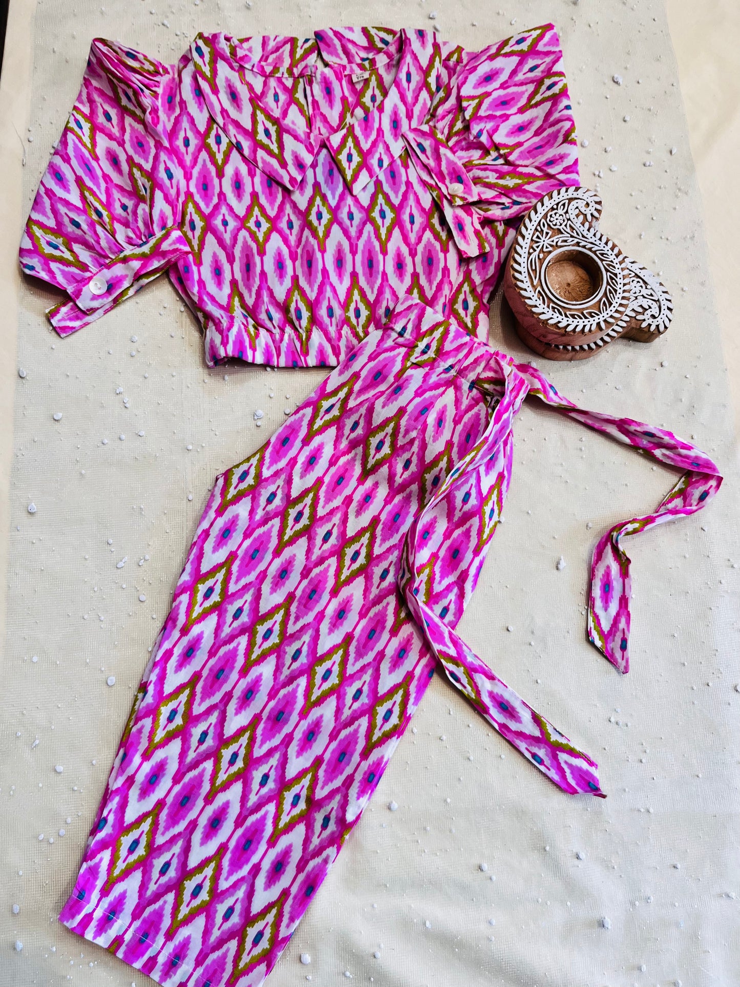 Pink Ikat Printed Girls Co-Ords