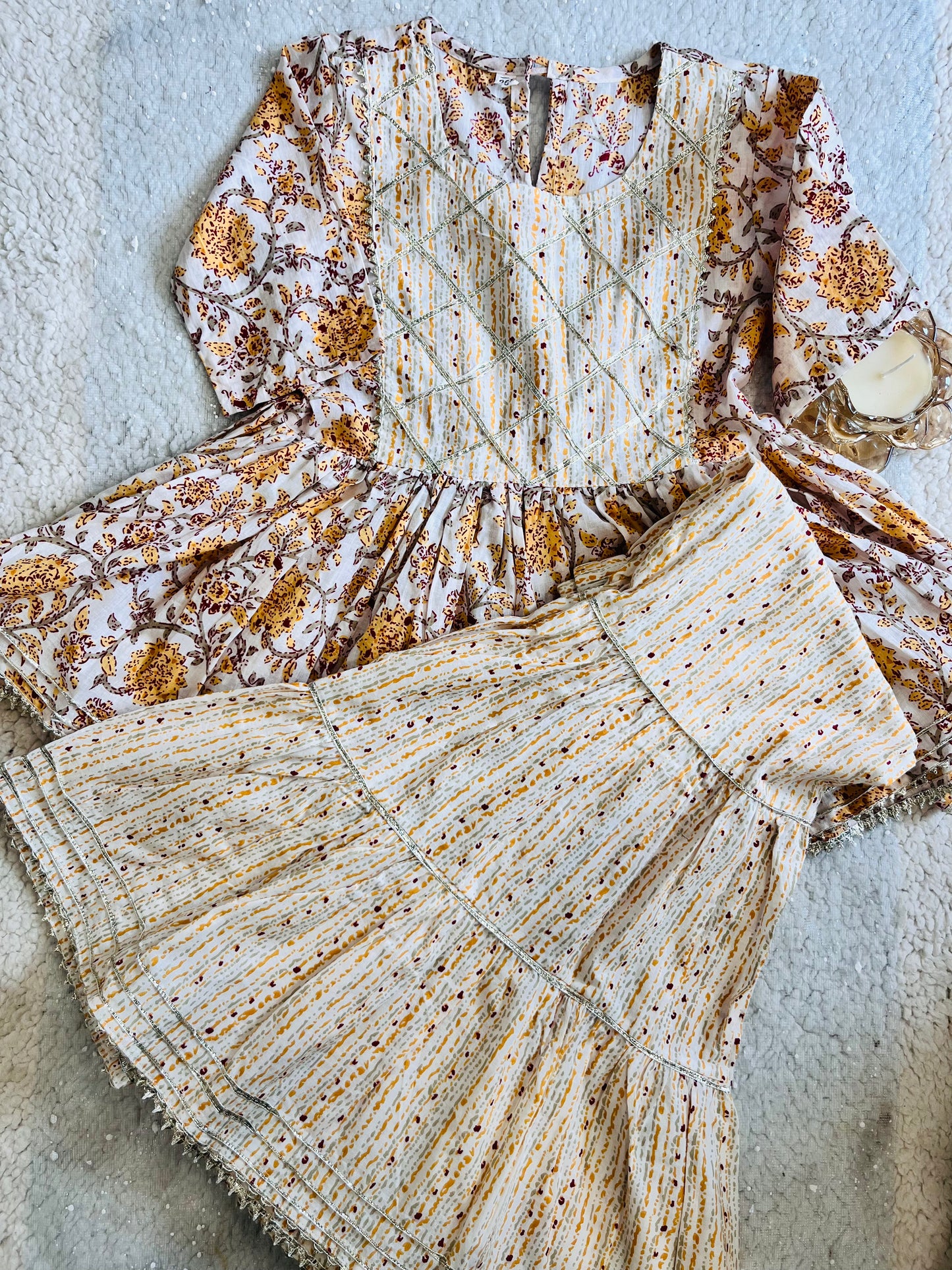 Screen Print Yellow Color Anarkali suit With Sharara