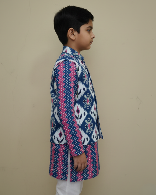 Ikkat Blue Print Jacket with Kurta -Pyjama