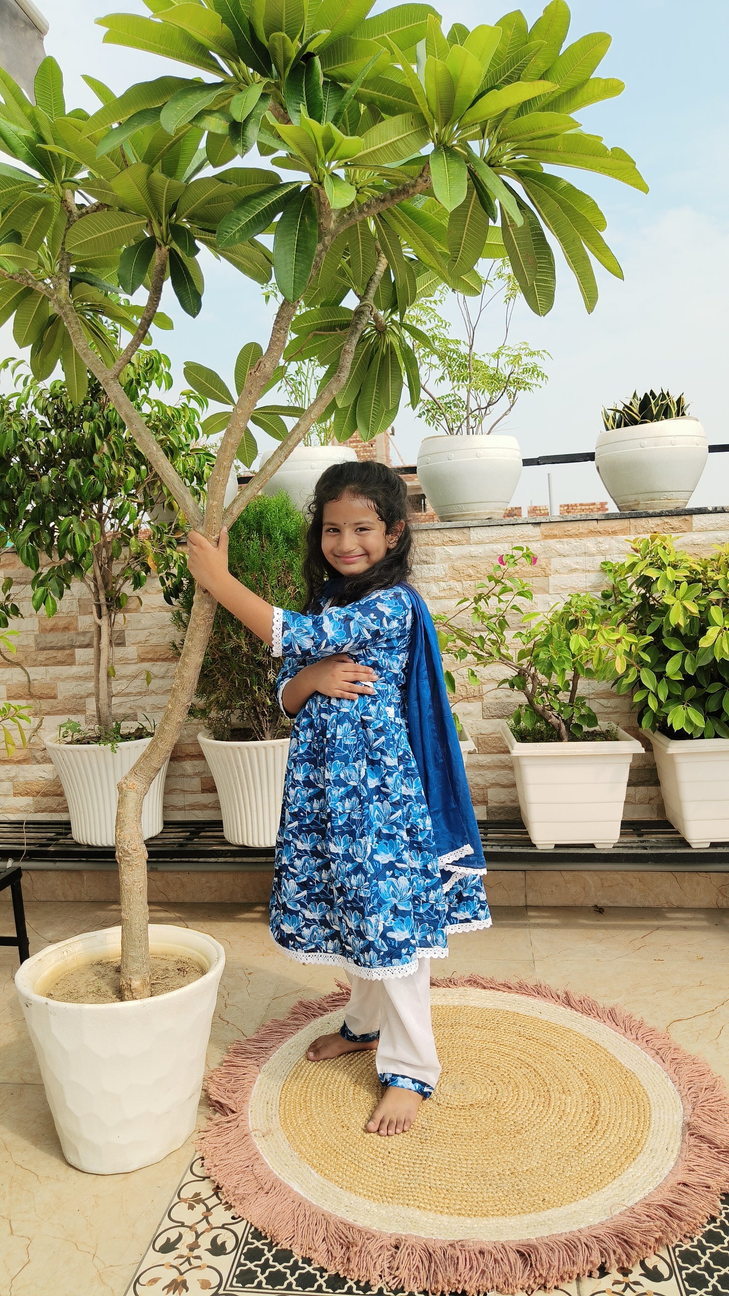 Blue Colour Floral Printed Girls Flare Suit Set