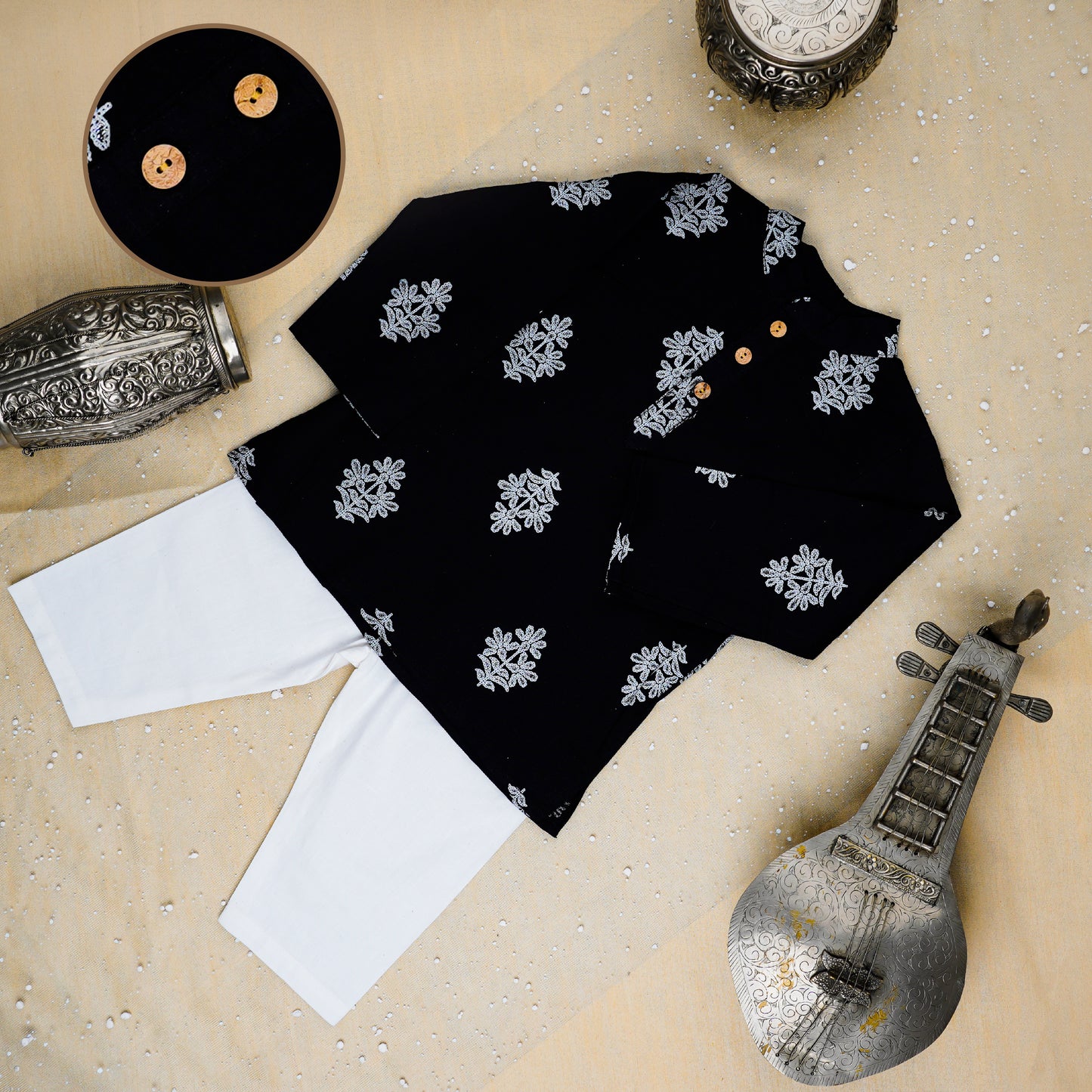 Black Khadi Print Jacket with Kurta -Pyjama