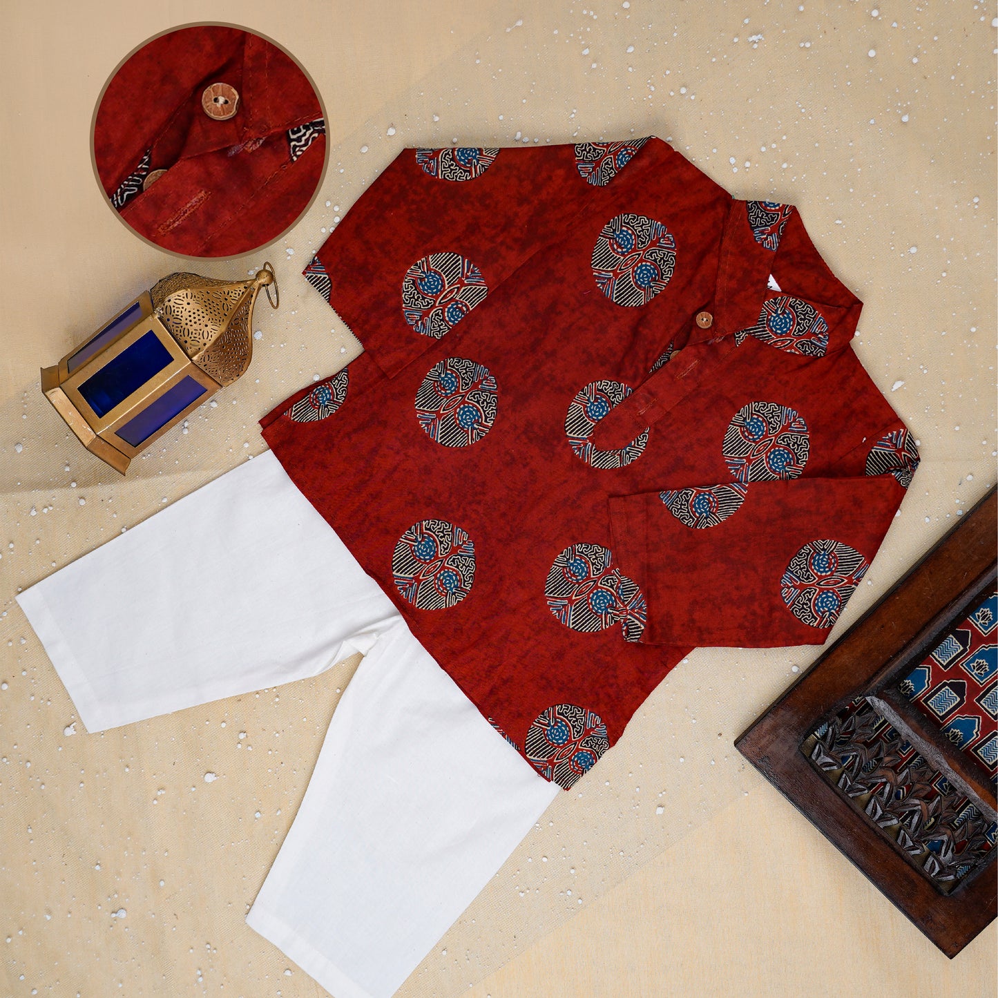 Mehroon Ajrakh Jacket with Kurta-Pyjama