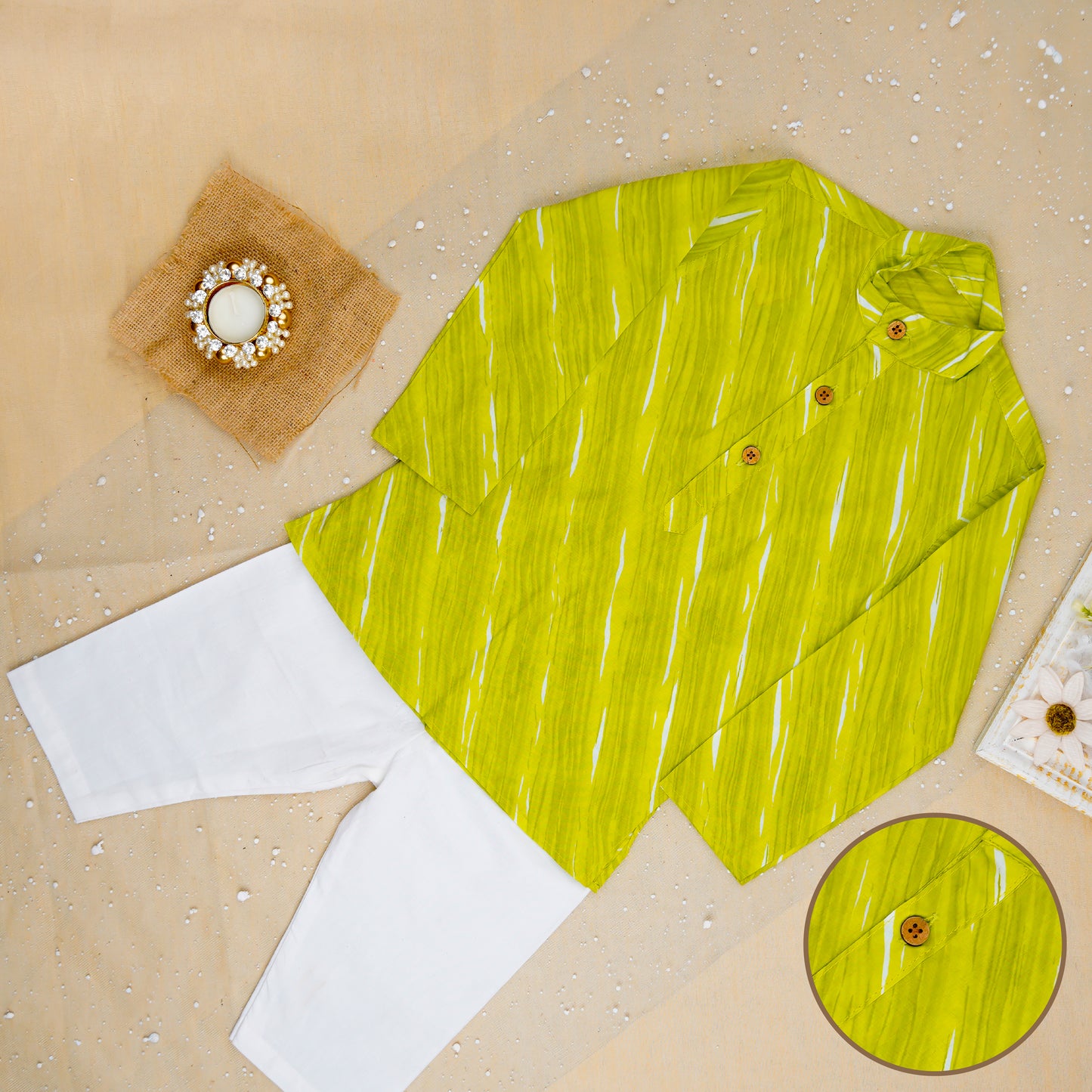 Parrot Green Bandhej Kurta and Jacket with Pyjama (Tie and Dye)