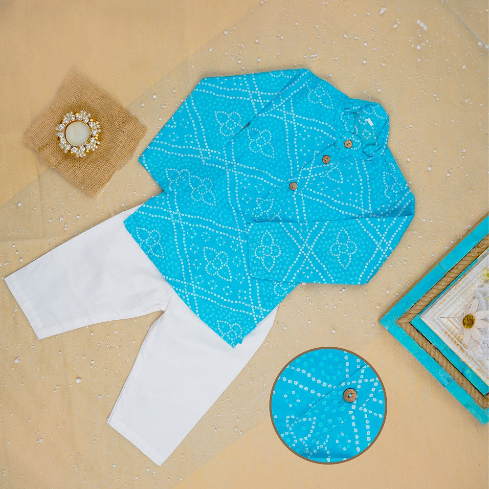 Sky Blue Bandhej Kurta And Jacket With Pyjama (Tie and Dye )