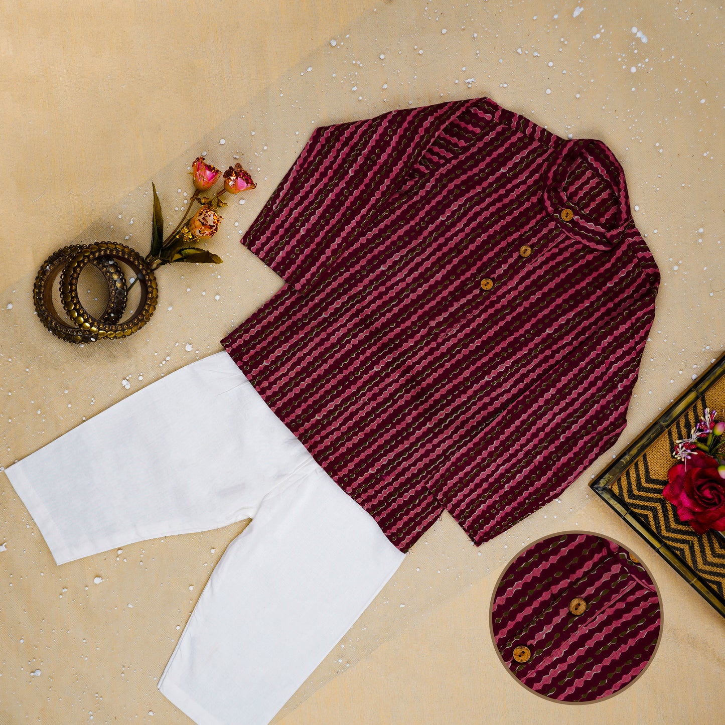 Mehroon Fulwari Jacket with Kurta -Pyjama ( Tie and Dye)