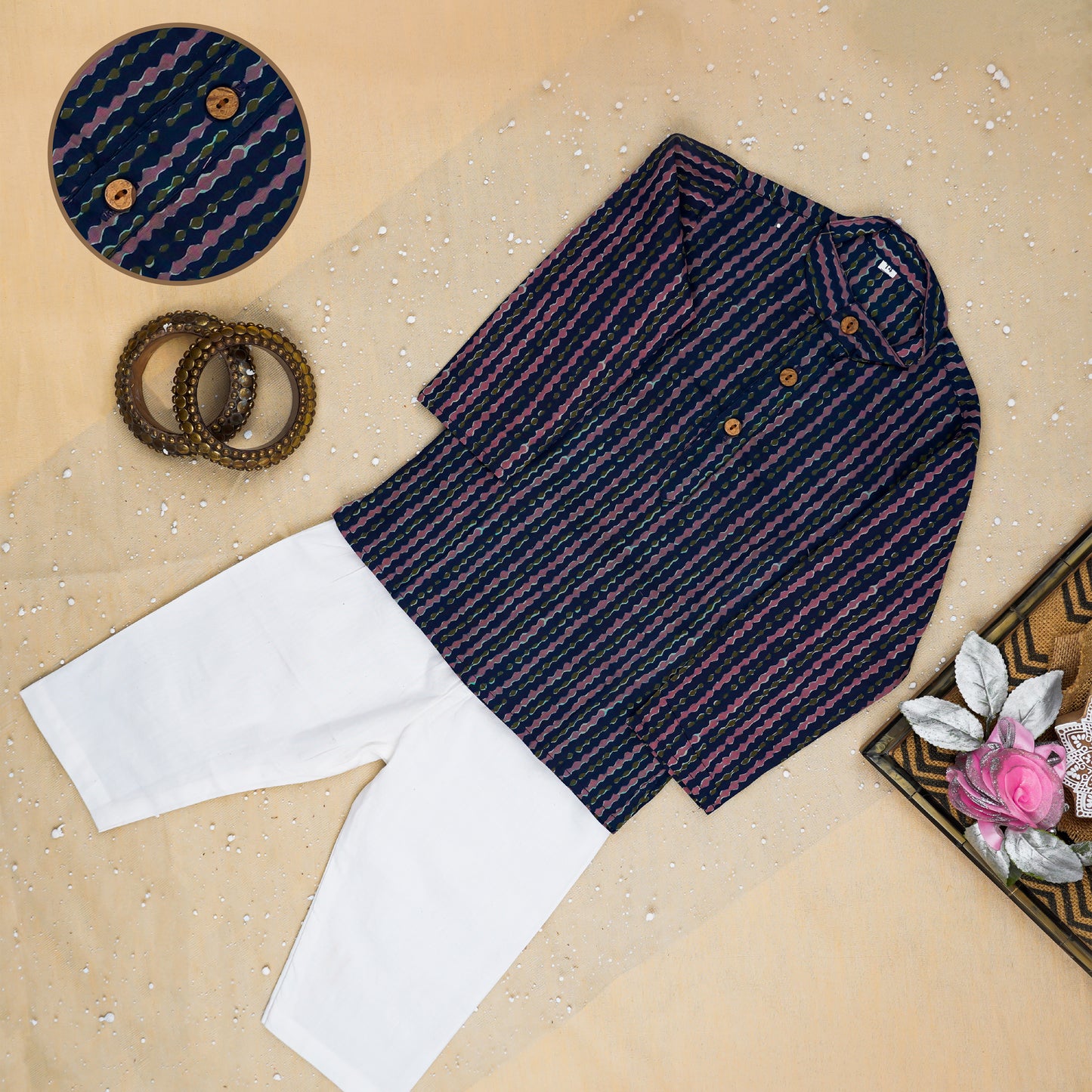 Royal Blue Fulwari Print Jacket with Kurta-Pyjama