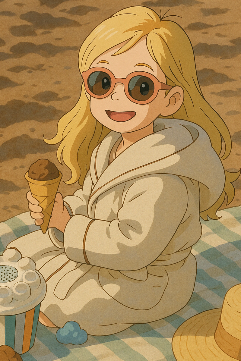 Illustration of a child in a robe holding an ice cream cone on a checkered blanket.