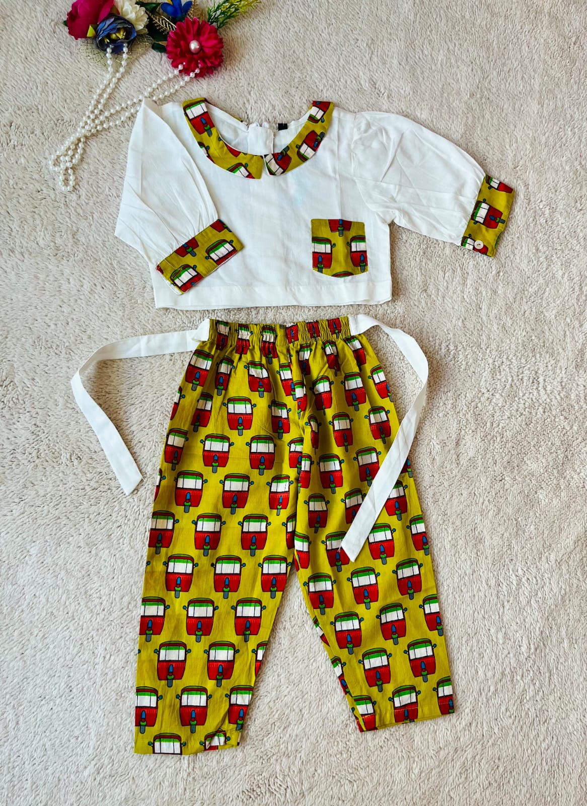 Mustard coloured Auto Printed Girls Co-Ords