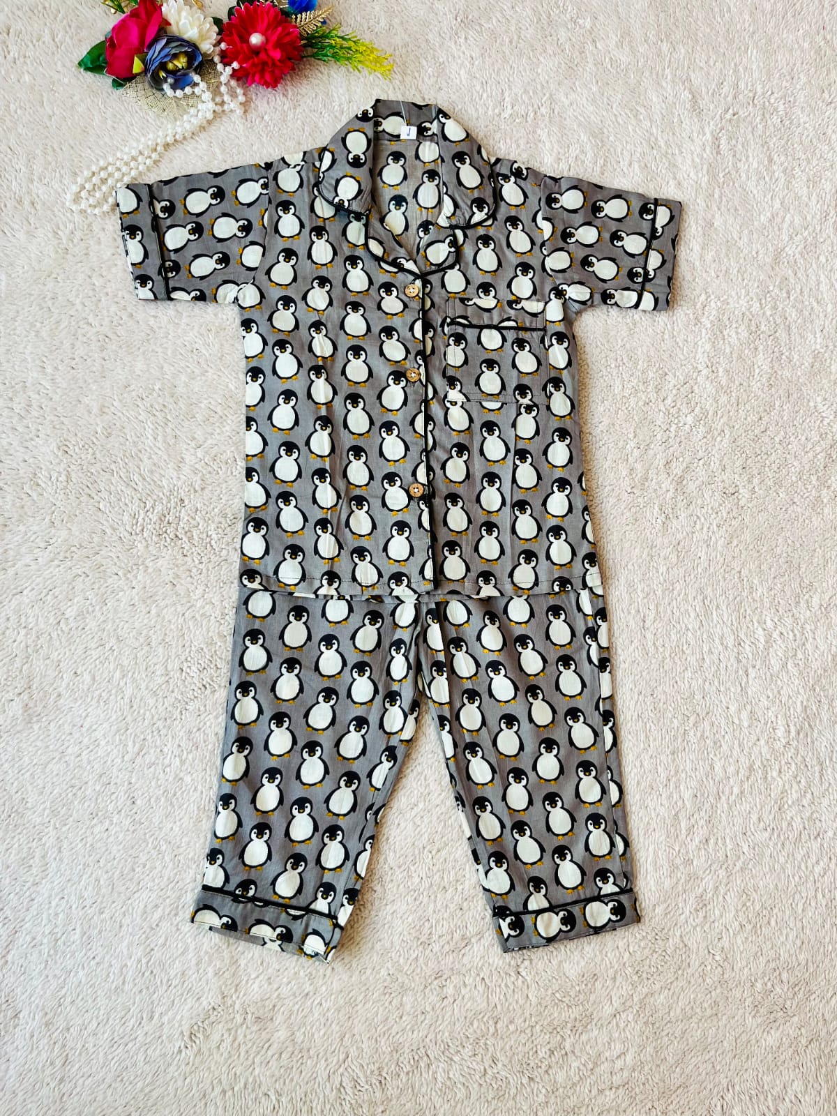 Penguin Printed Grey Color Night Suit